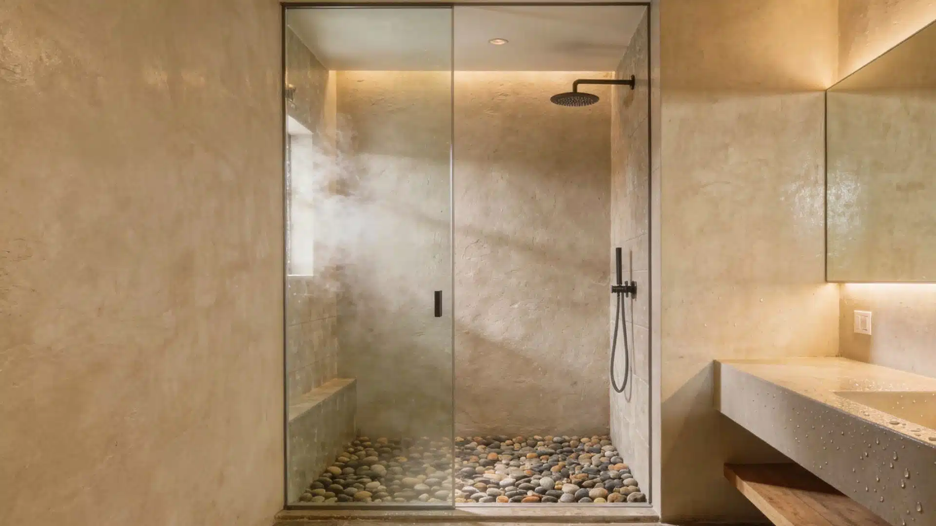 A modern bathroom featuring a stone countertop and a spacious shower area (1)