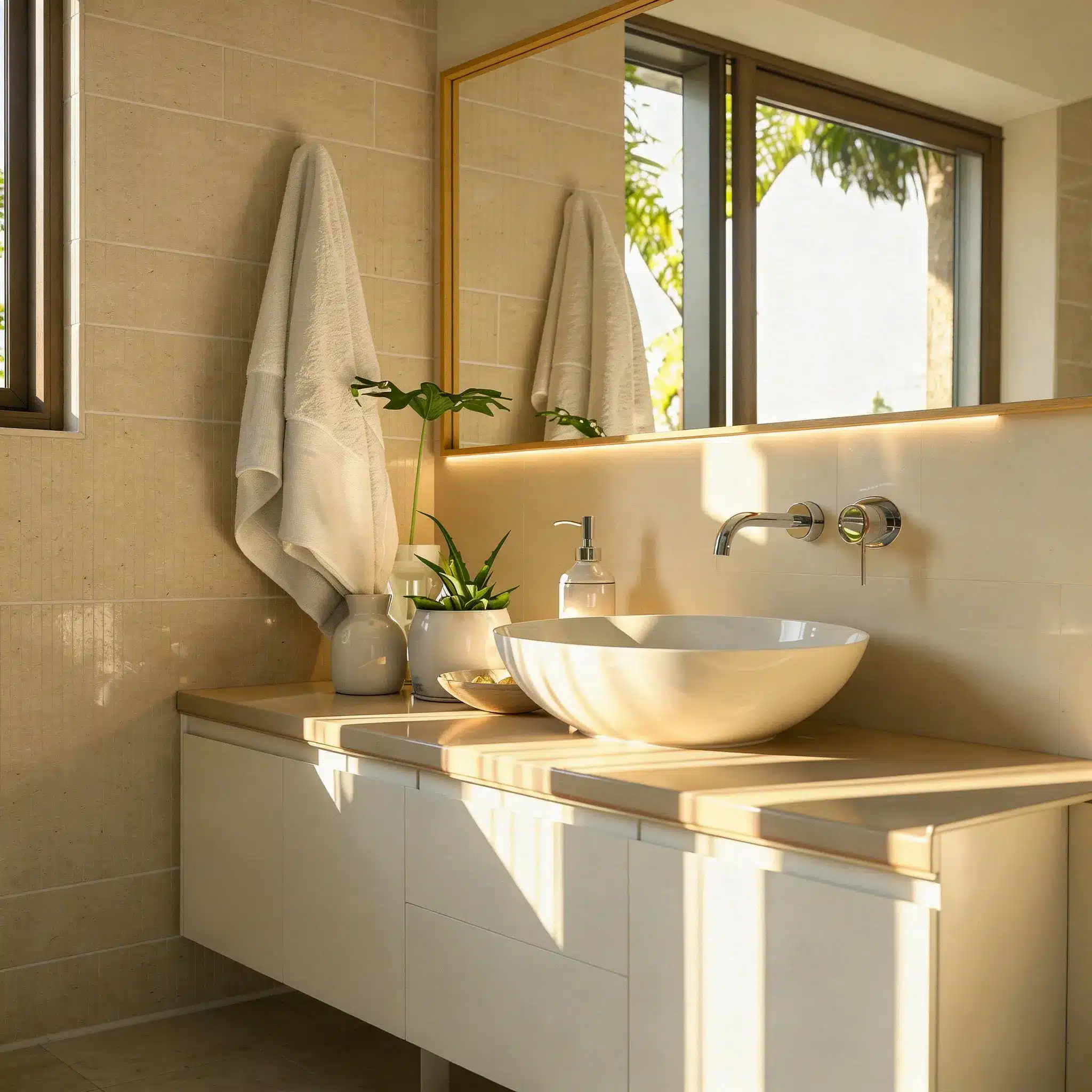 A modern bathroom vanity with a white vessel sink chrome faucet and potted plants bathed in warm natural golden sunlight (1)