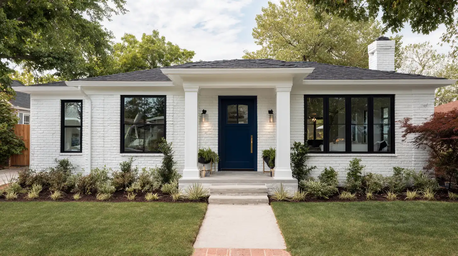 A modern bungalow exterior featuring white painted brick, black trim windows, and a prominent navy blue front door, framed by lush green landscaping