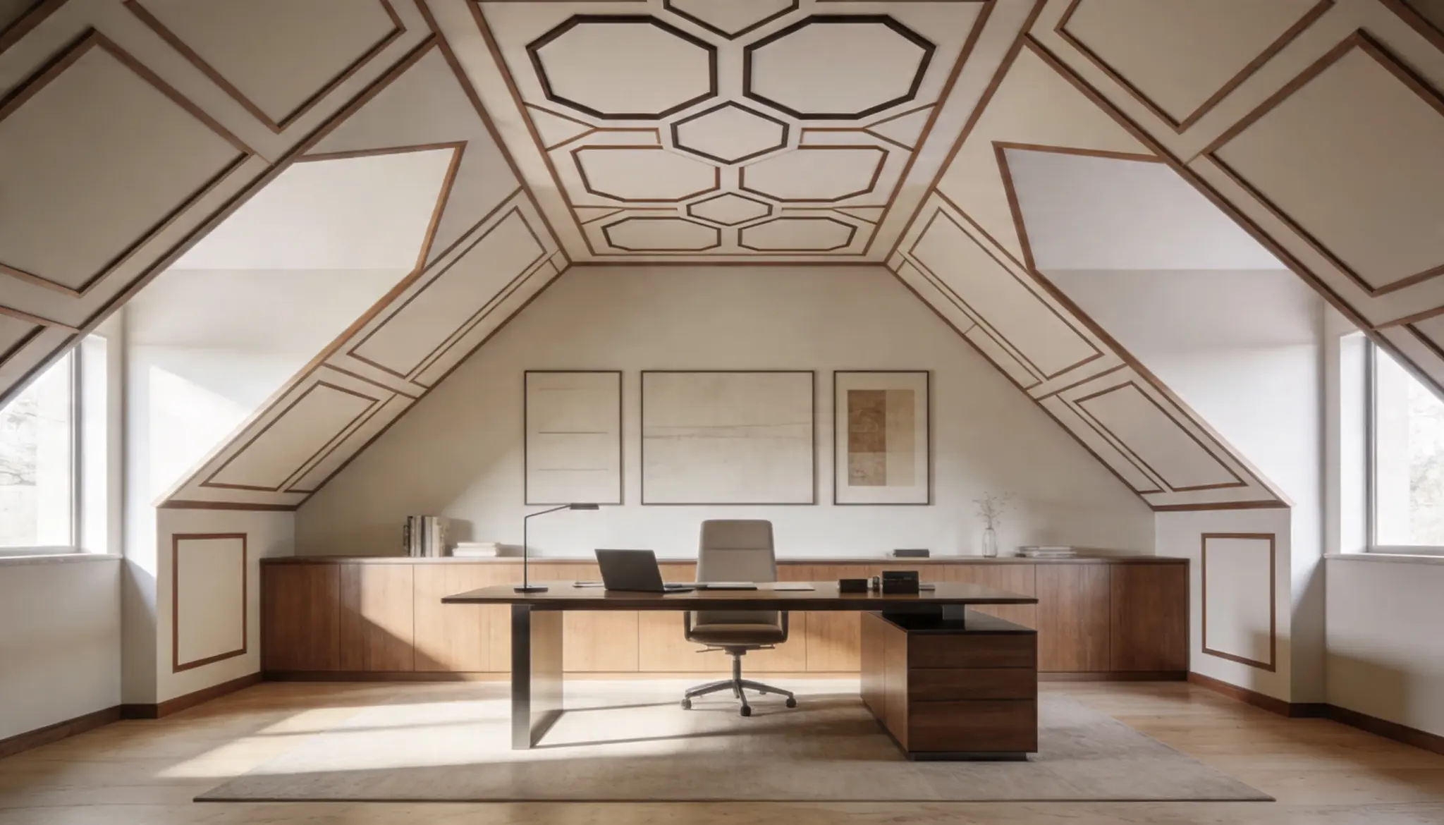 A modern home office in an attic space featuring a hexagonal patterned ceiling a long wooden desk  and built-in storage under sloped walls