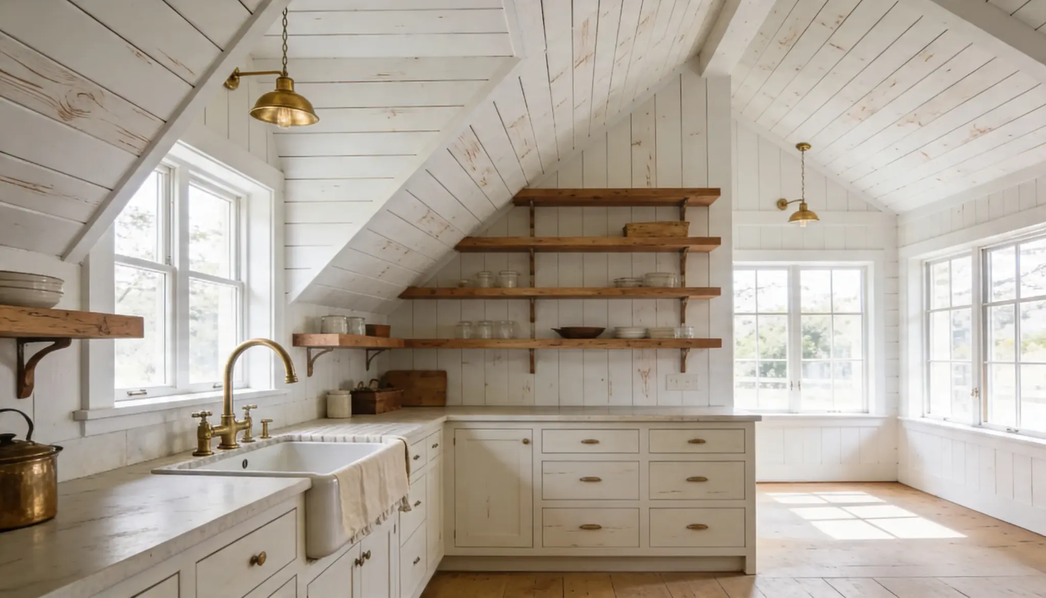 A modern kitchen featuring white cabinets and warm wooden floors creating a bright and inviting atmosphere