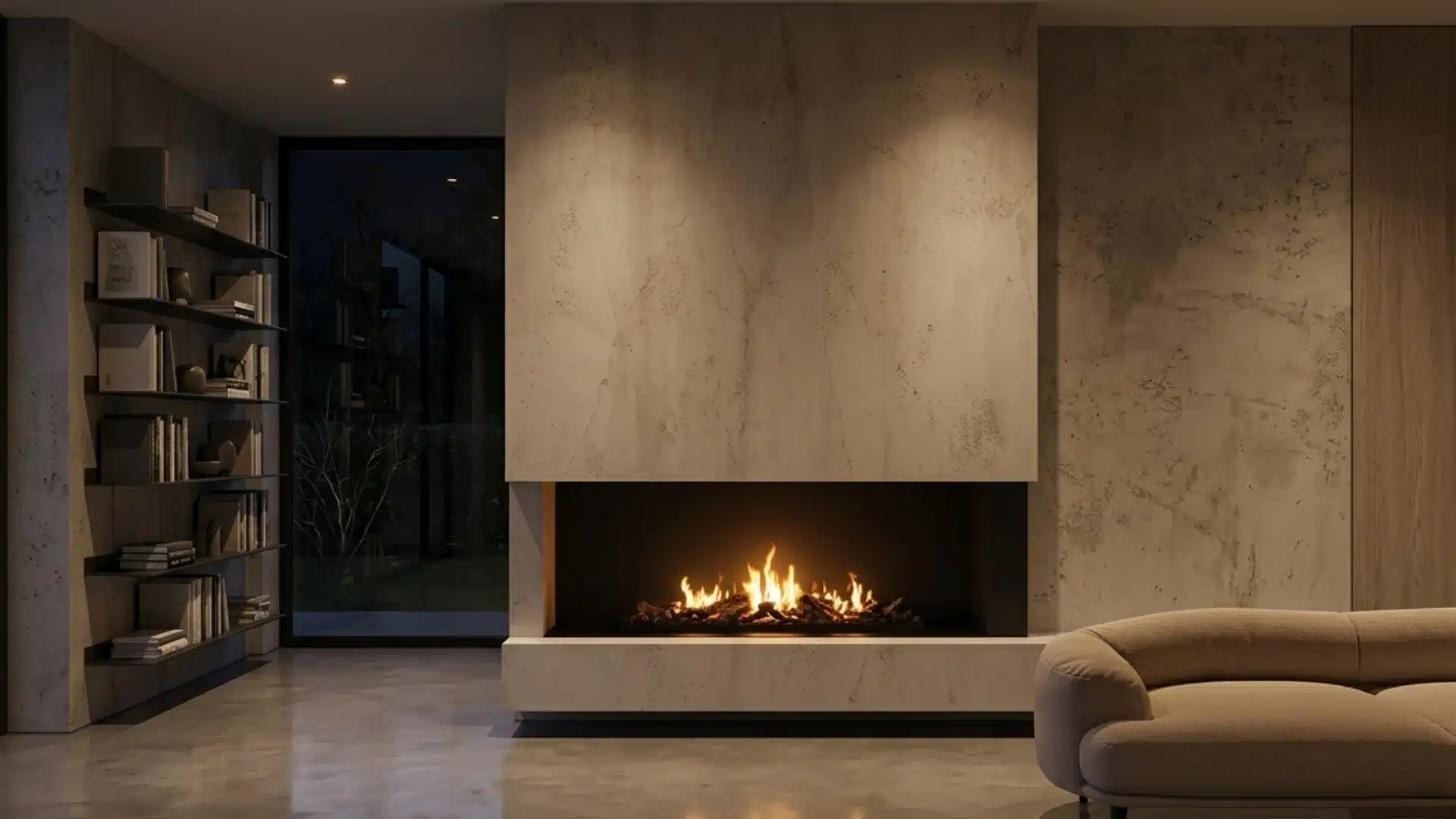 A modern living room featuring a sleek floating fireplace as the focal point, surrounded by contemporary furnishings