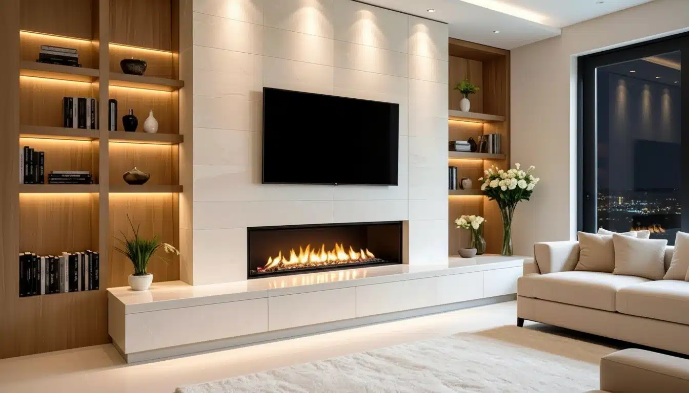 A modern living room featuring a venetian plaster fireplace and a flat-screen television