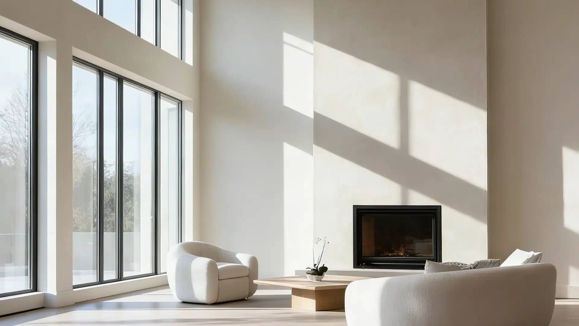 A modern living room featuring large windows and a floor-to-ceiling fireplace, creating a bright and inviting atmosphere