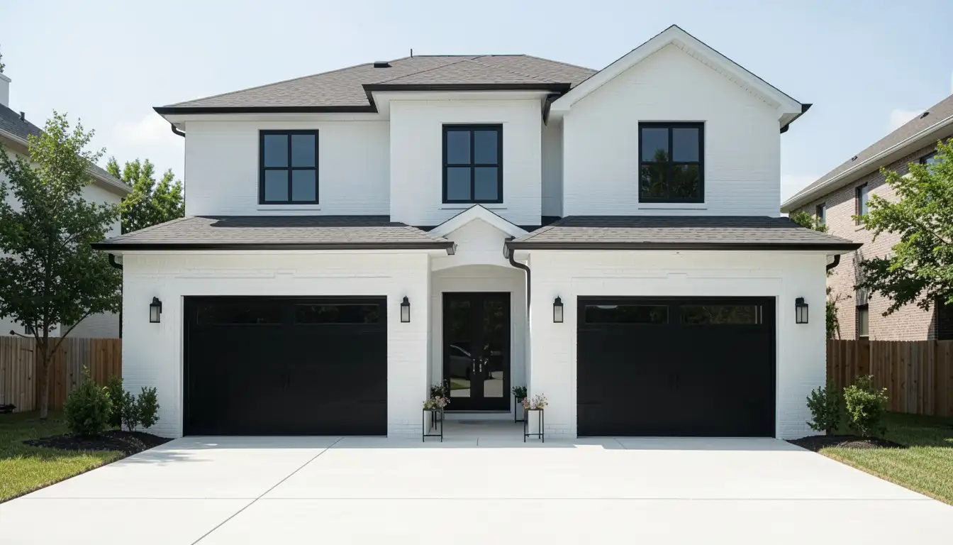 A modern two-story white house with black-framed windows and a double garage. The driveway is clean, with manicured grass and small shrubs nearby
