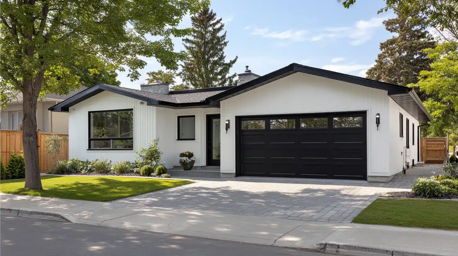 A modern white home featuring a bold black garage door and a simple landscaped driveway
