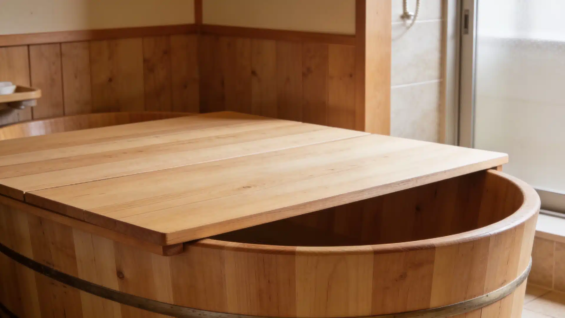 A rustic wooden bathtub, showcasing natural grain and a warm finish, set against a serene bathroom backdrop