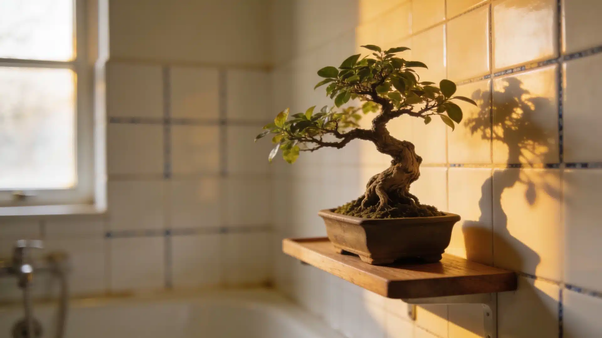 A small bonsai tree sits on a shelf in a bathroom, adding a touch of greenery to the space