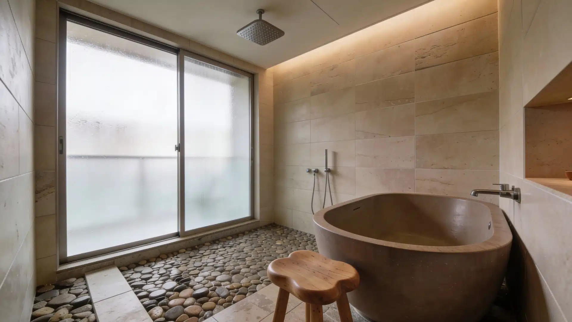 A spacious bathroom featuring a large bathtub and a wooden stool beside it