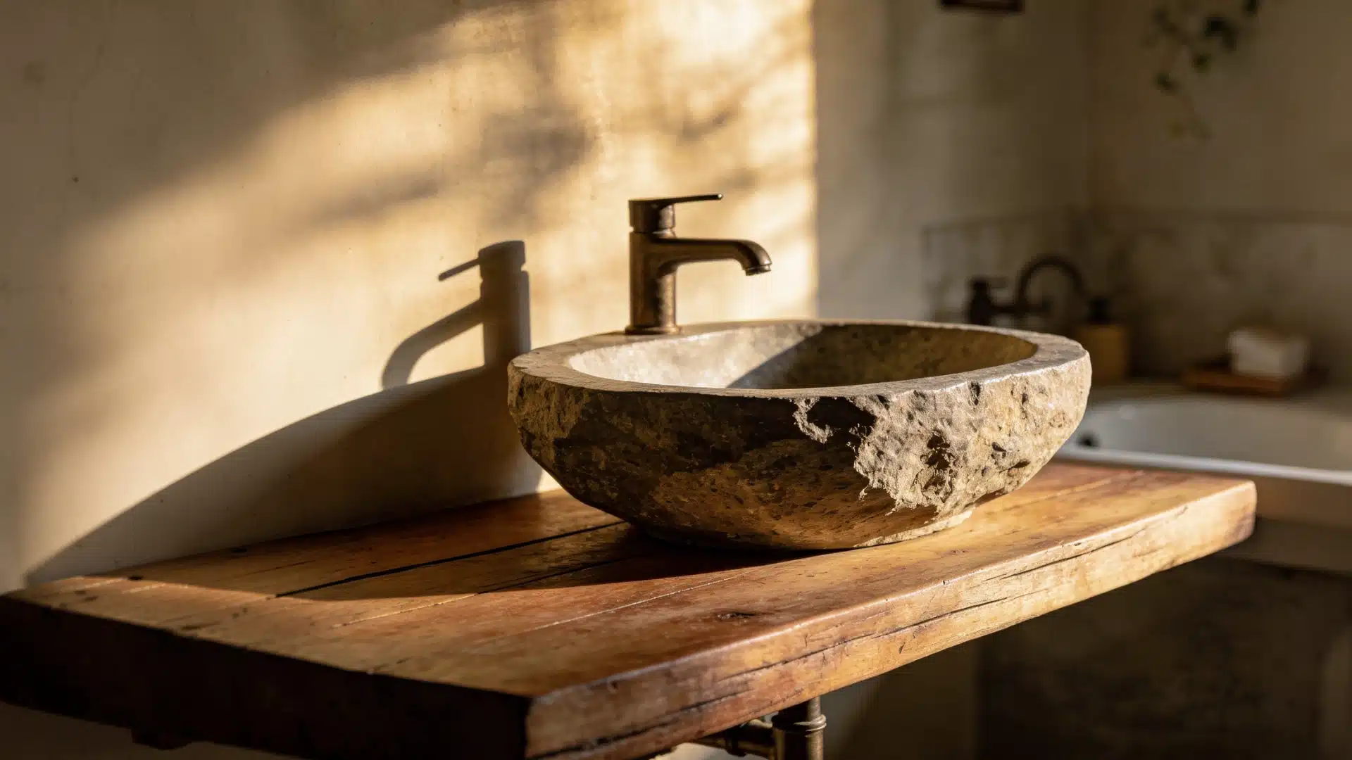 A stone sink elegantly placed on a rustic wooden counter, showcasing a blend of natural materials