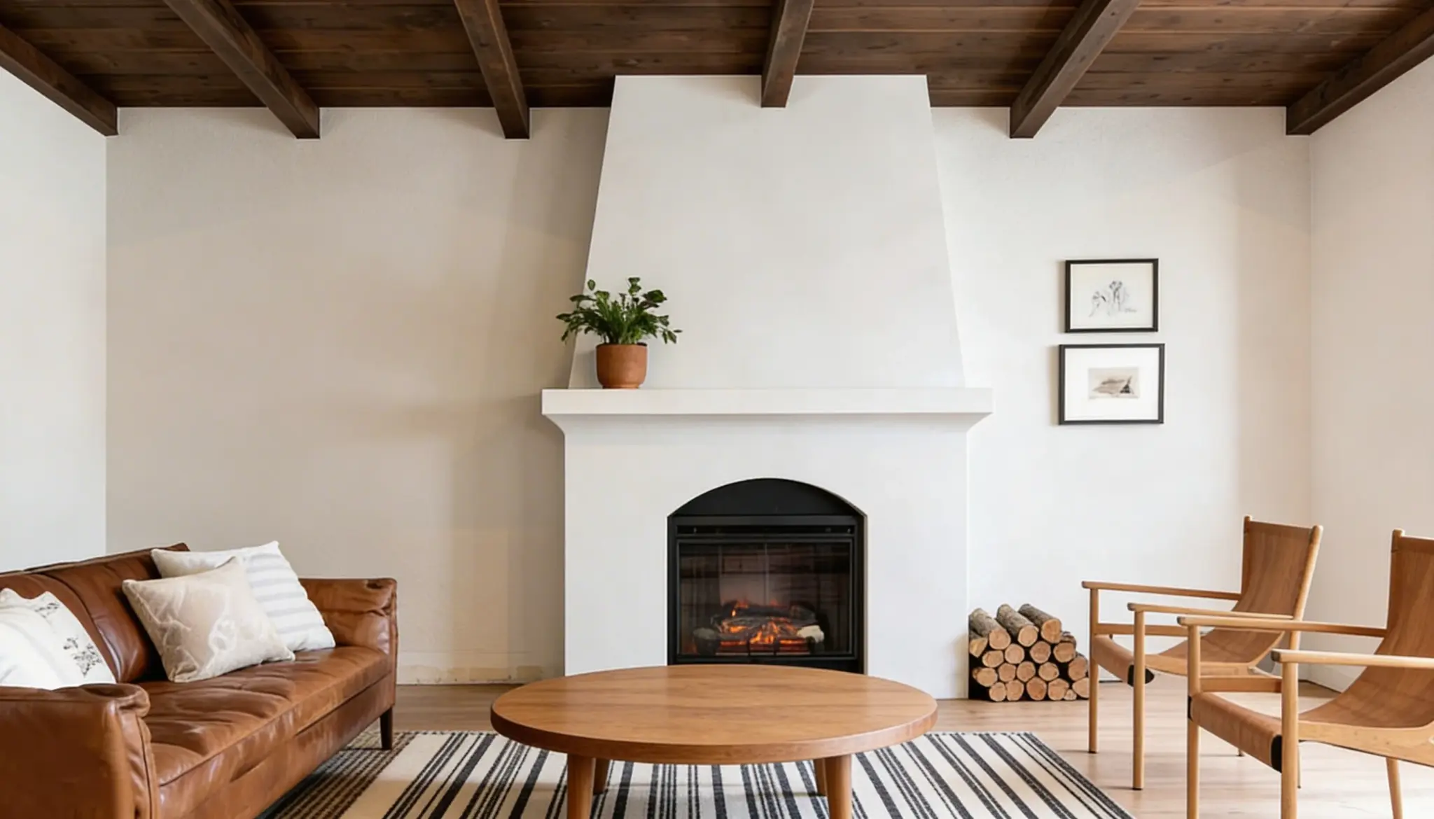 A stylish living room with a venetian plaster fireplace and rustic wooden beams