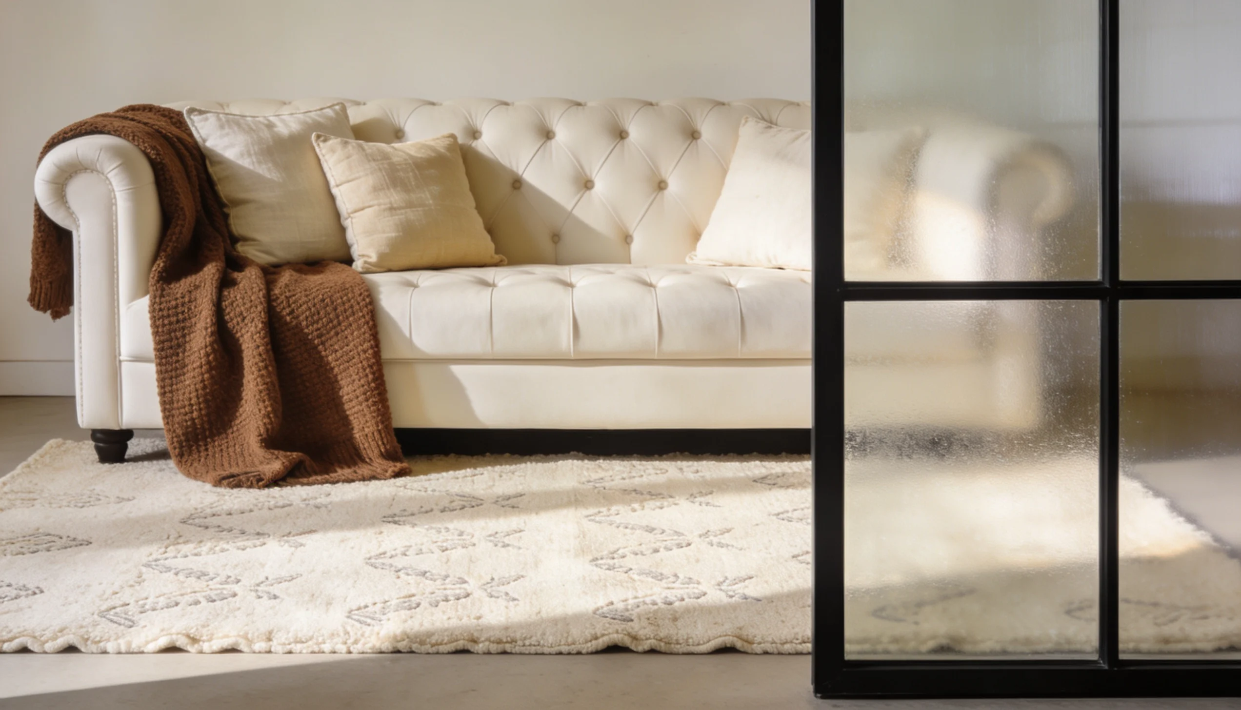 A tufted cream-colored sofa with throw pillows and a brown blanket sits on a light patterned rug next to a black-framed, frosted glass room divider