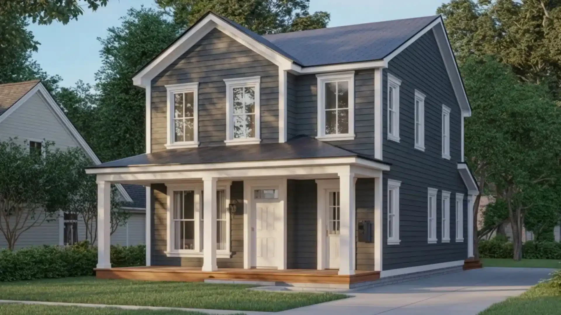 A two-story dark grey house with white trim and detailing, featuring a welcoming porch