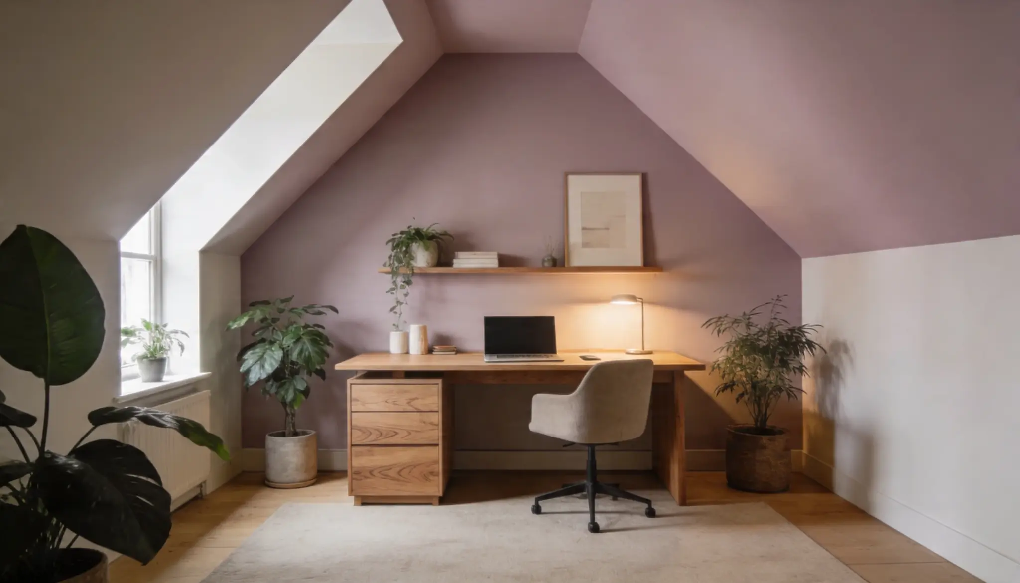 A well-lit home office setup in an attic space featuring a wooden desk beige rolling chair laptop and numerous houseplants against mauve and white sloped walls