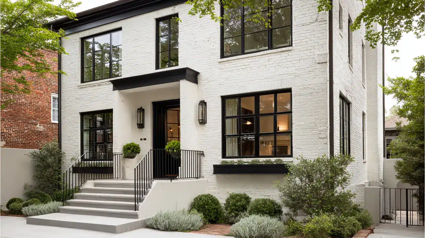 A white brick house with black window frames and trim, complemented by a steel railing along the entrance