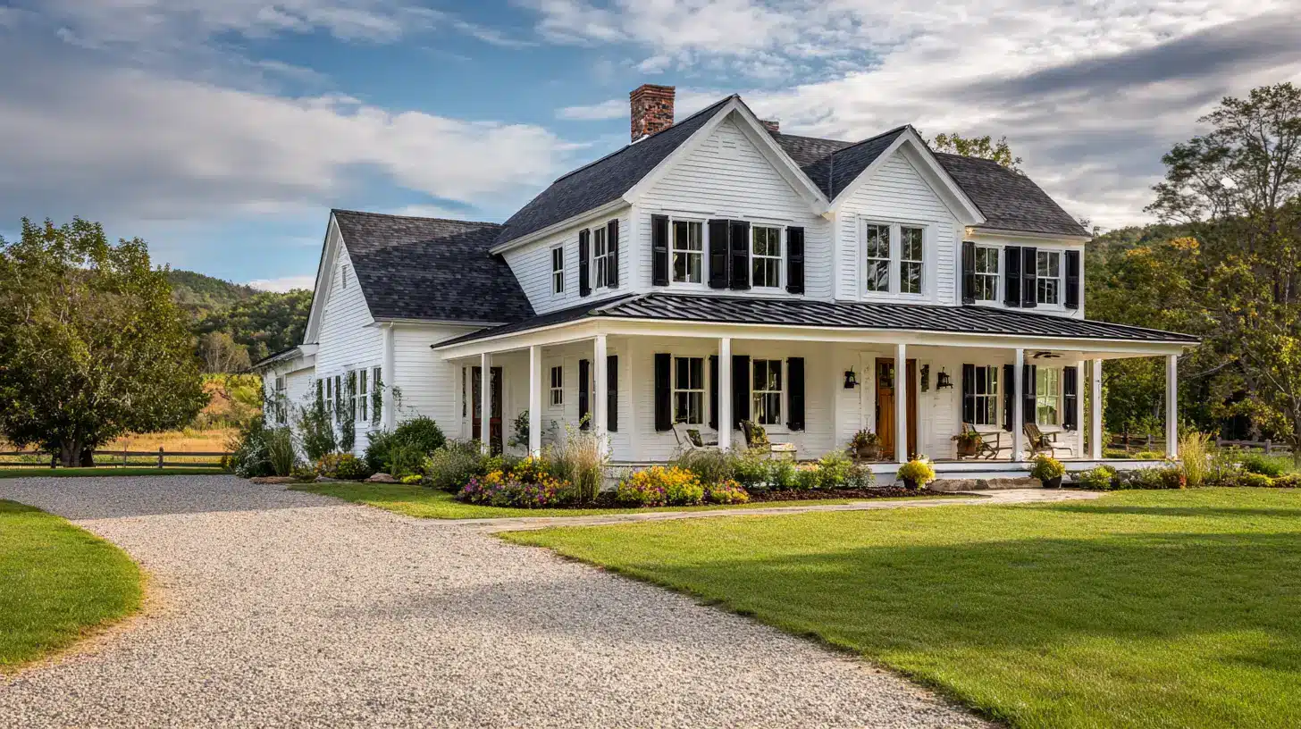 A white farmhouse with black shutters and trim, accompanied by a large driveway leading to the entrance