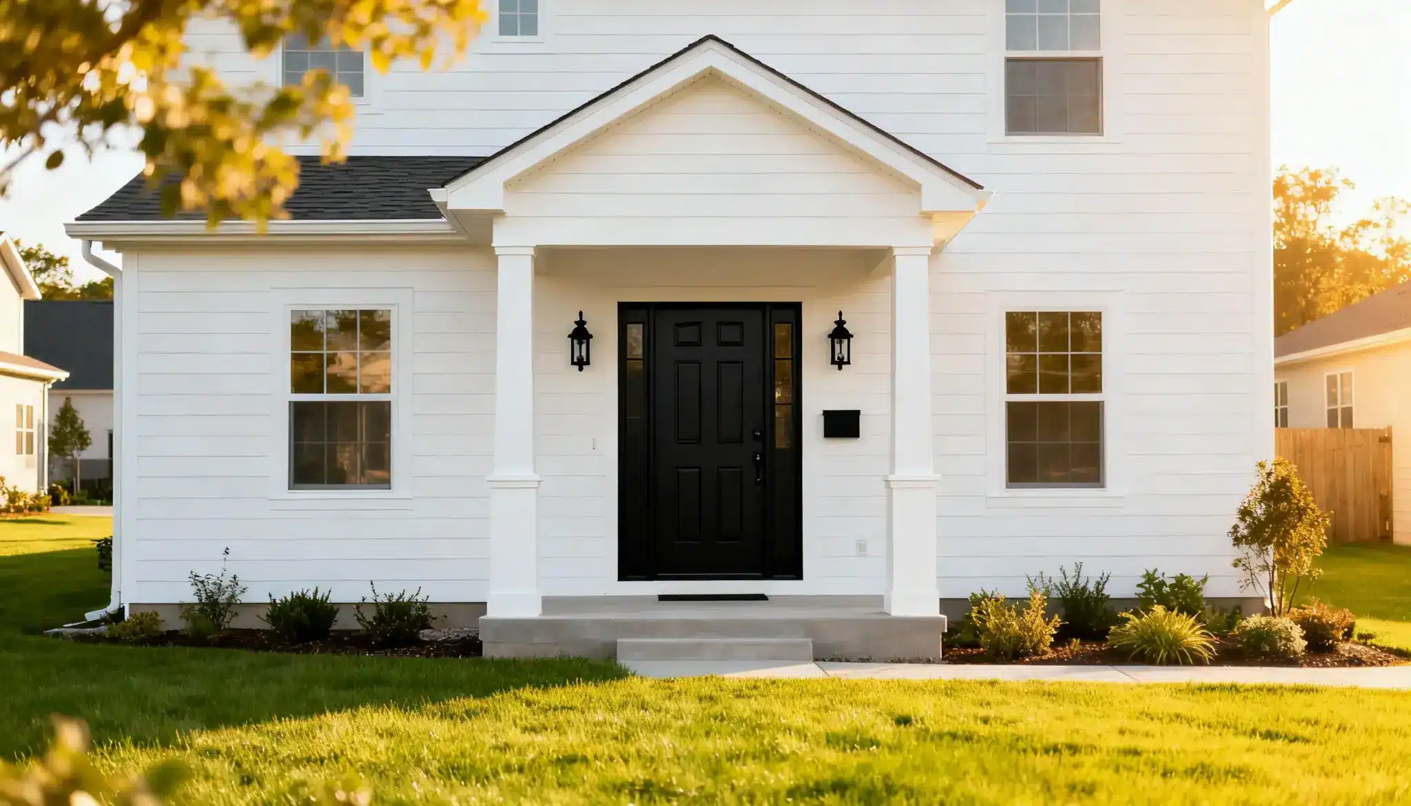 A white house featuring a black front gate as the focal point of the entrance