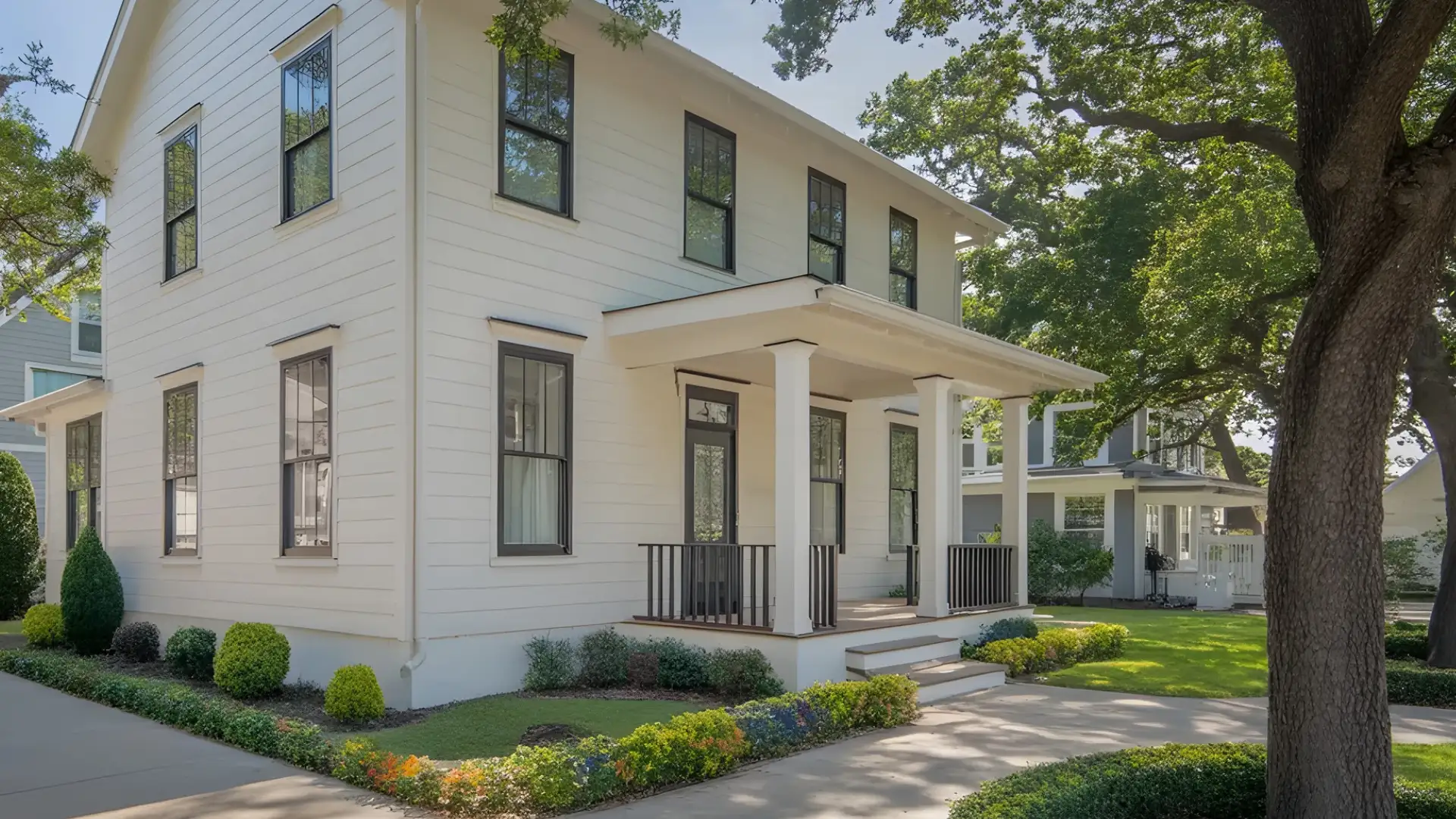 A white house with black window frames, featuring a front porch and a well-kept front yard