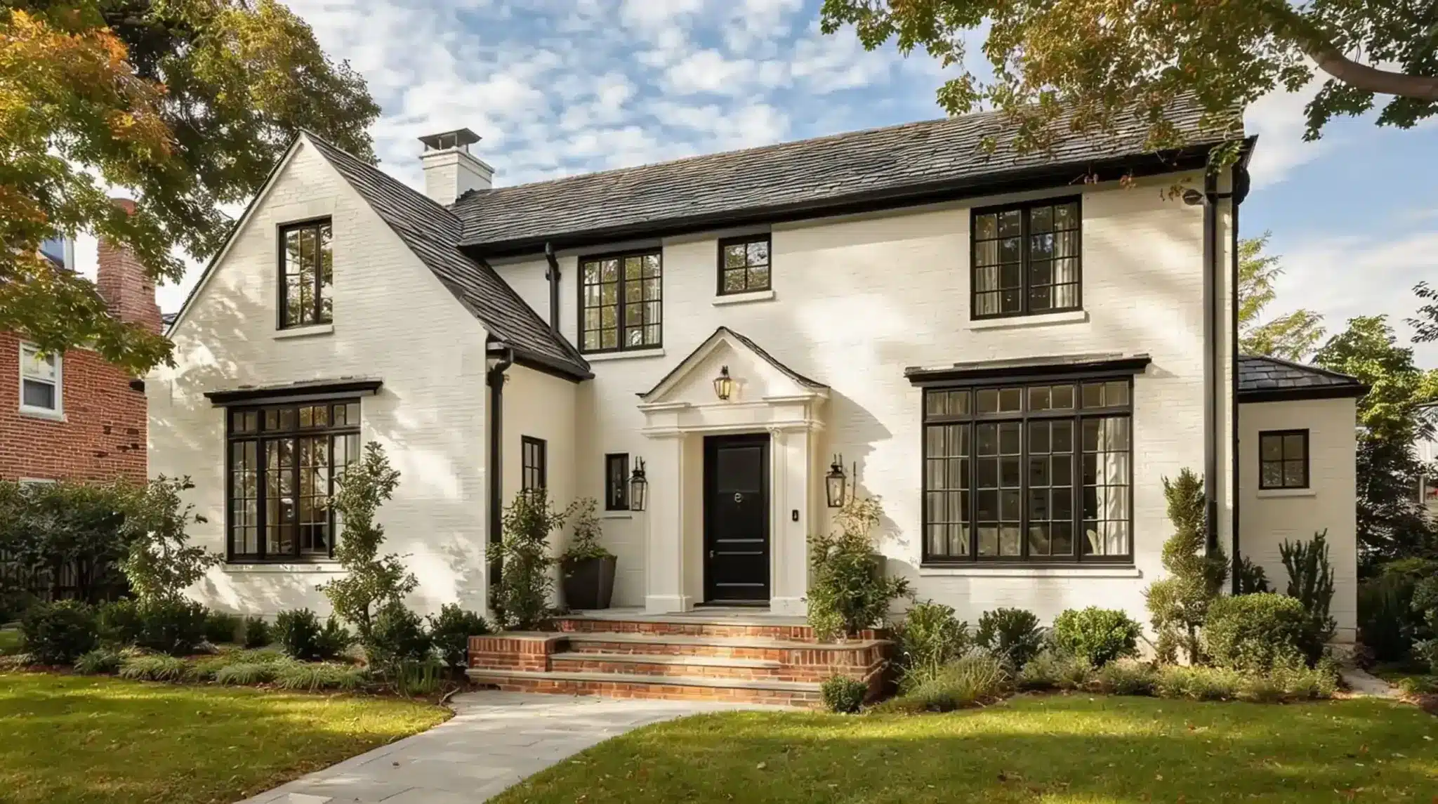 A white house with black windows, topped with a deep black roof against the white exterior walls