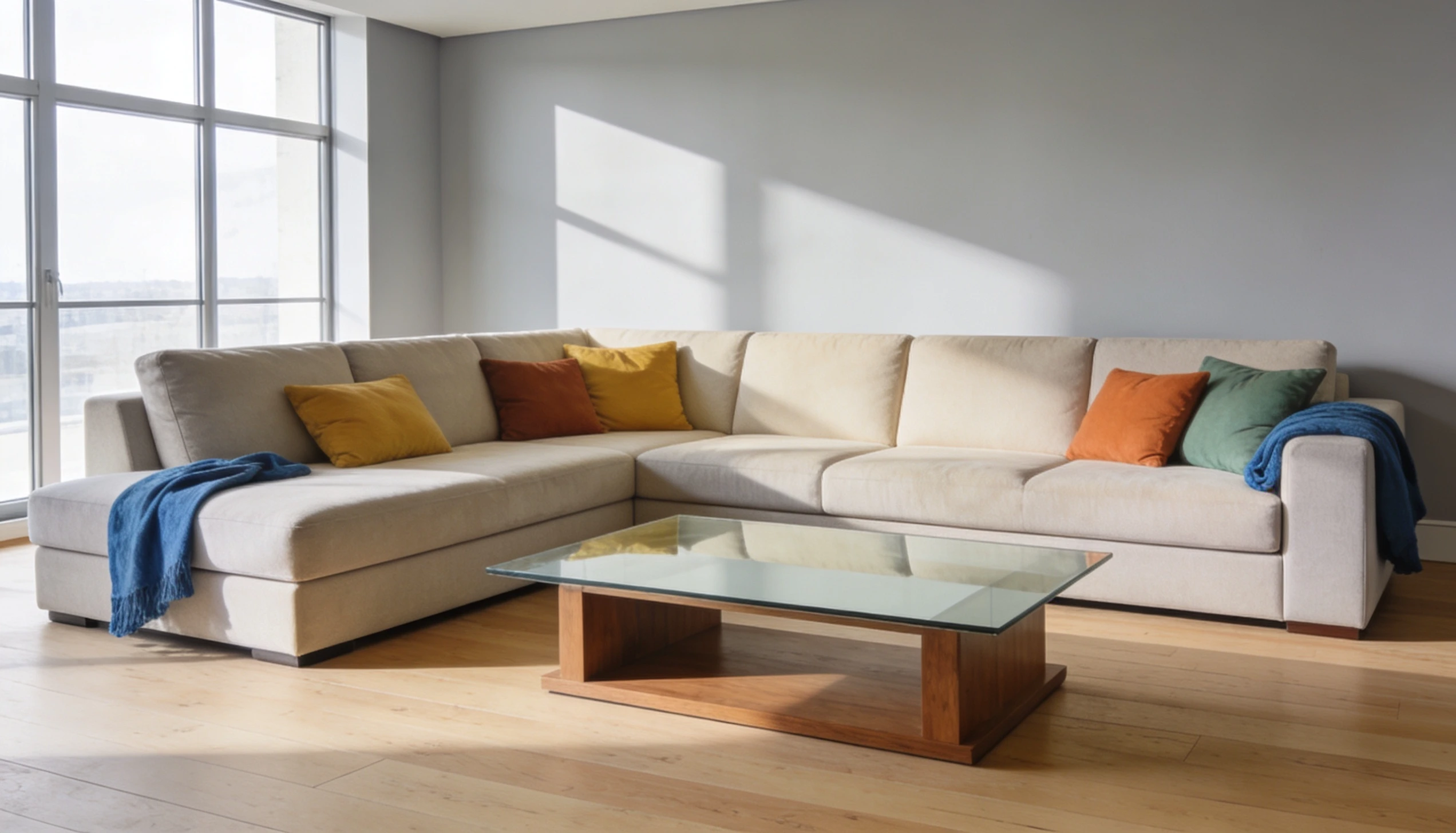 A white sectional couch positioned in front of a large window, allowing natural light to fill the room