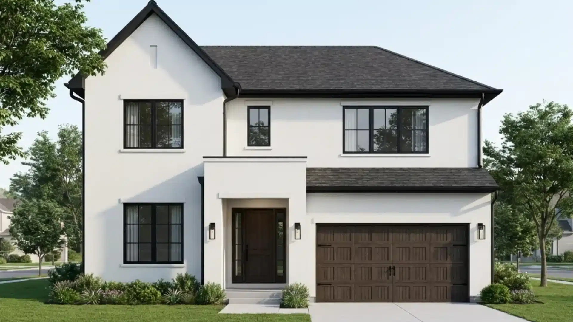 A white stucco house accented with modern matte black trim, creating a striking contrast
