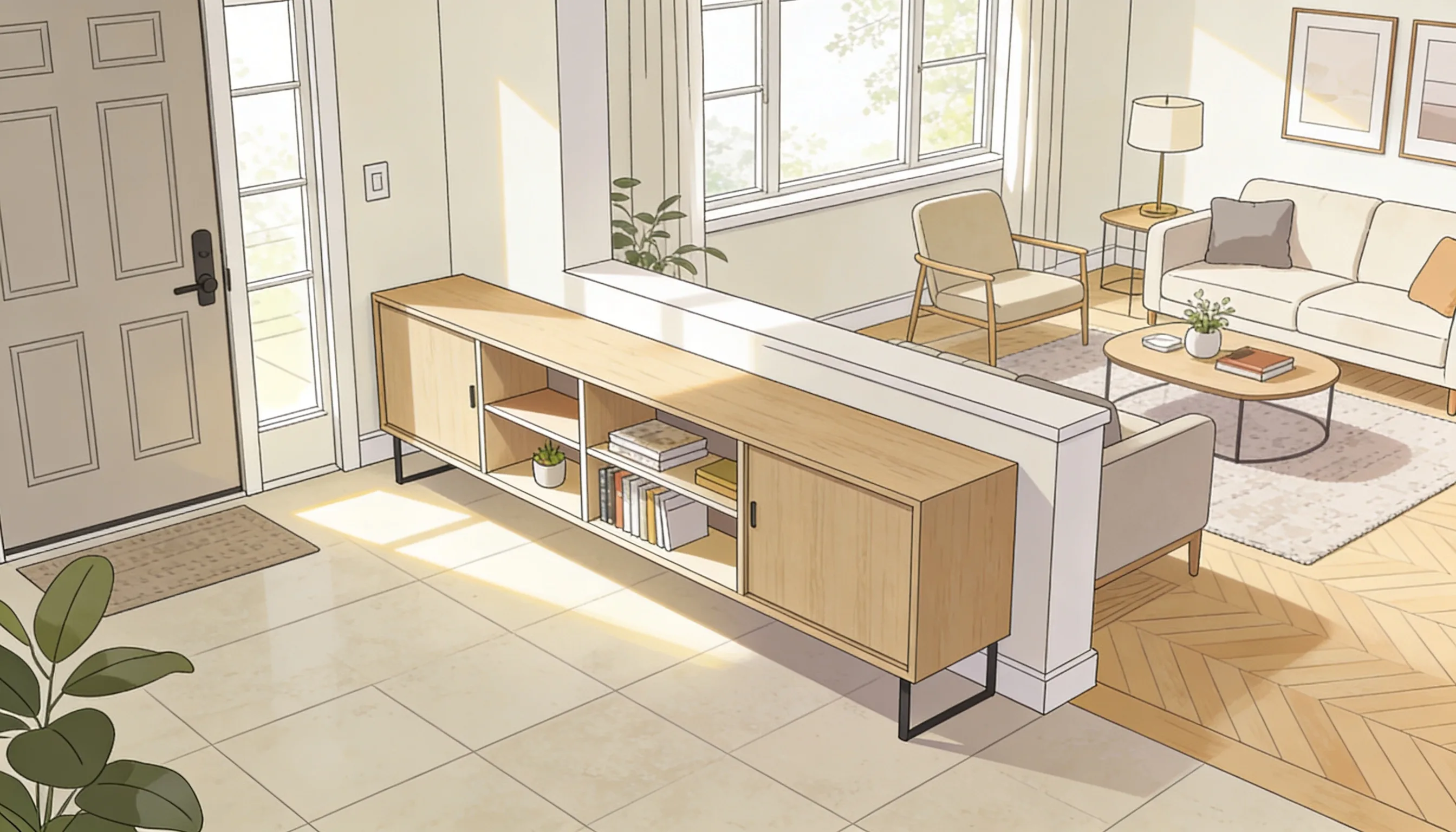 Anime-style illustration showing a bright entryway with tiled floor transitioning to a living room with wooden flooring, separated by a low wooden console cabinet