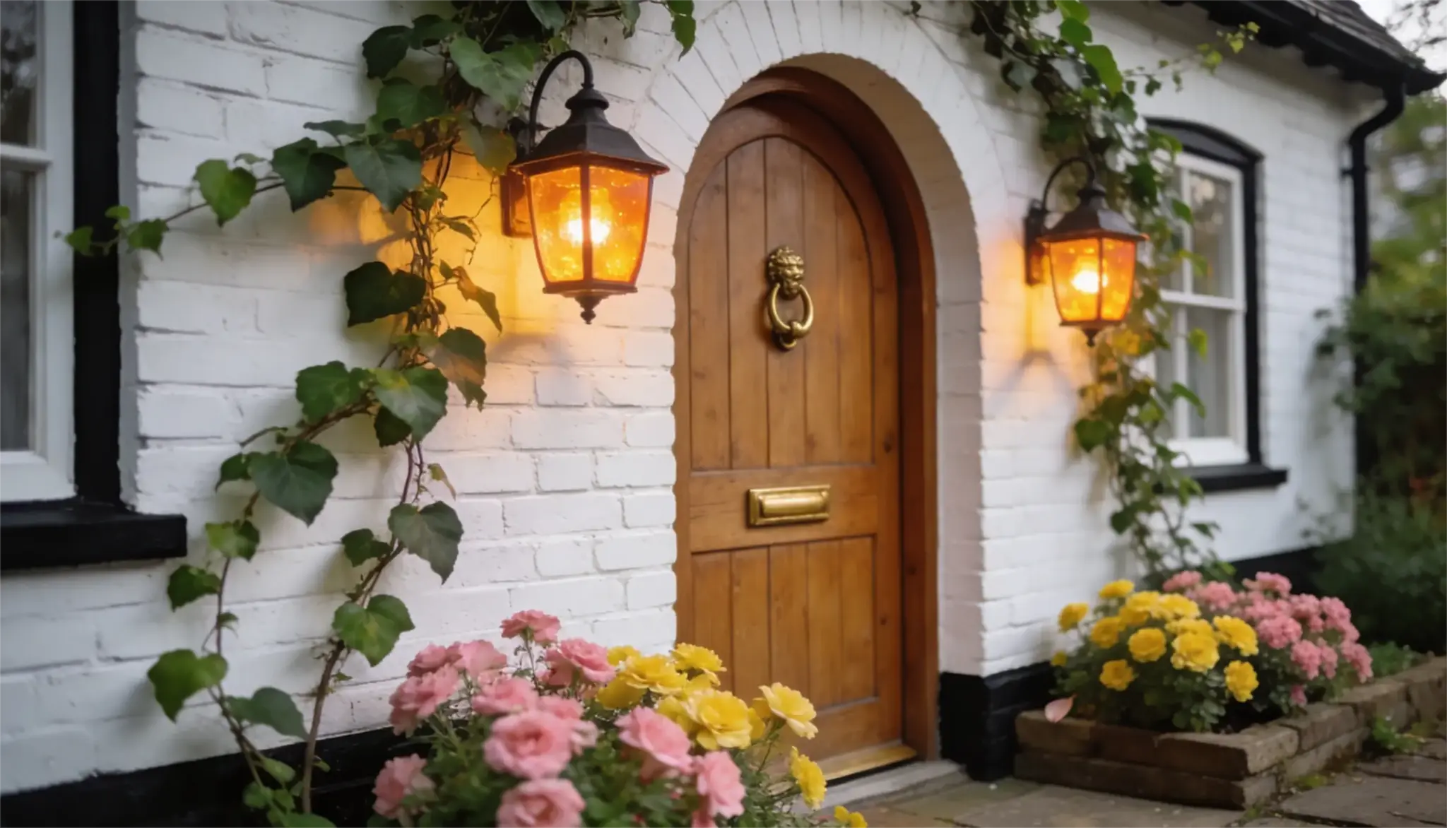 Arched wooden door with a lion knocker set in a white brick cottage, flanked by glowing lanterns and flower boxes of pink and yellow roses