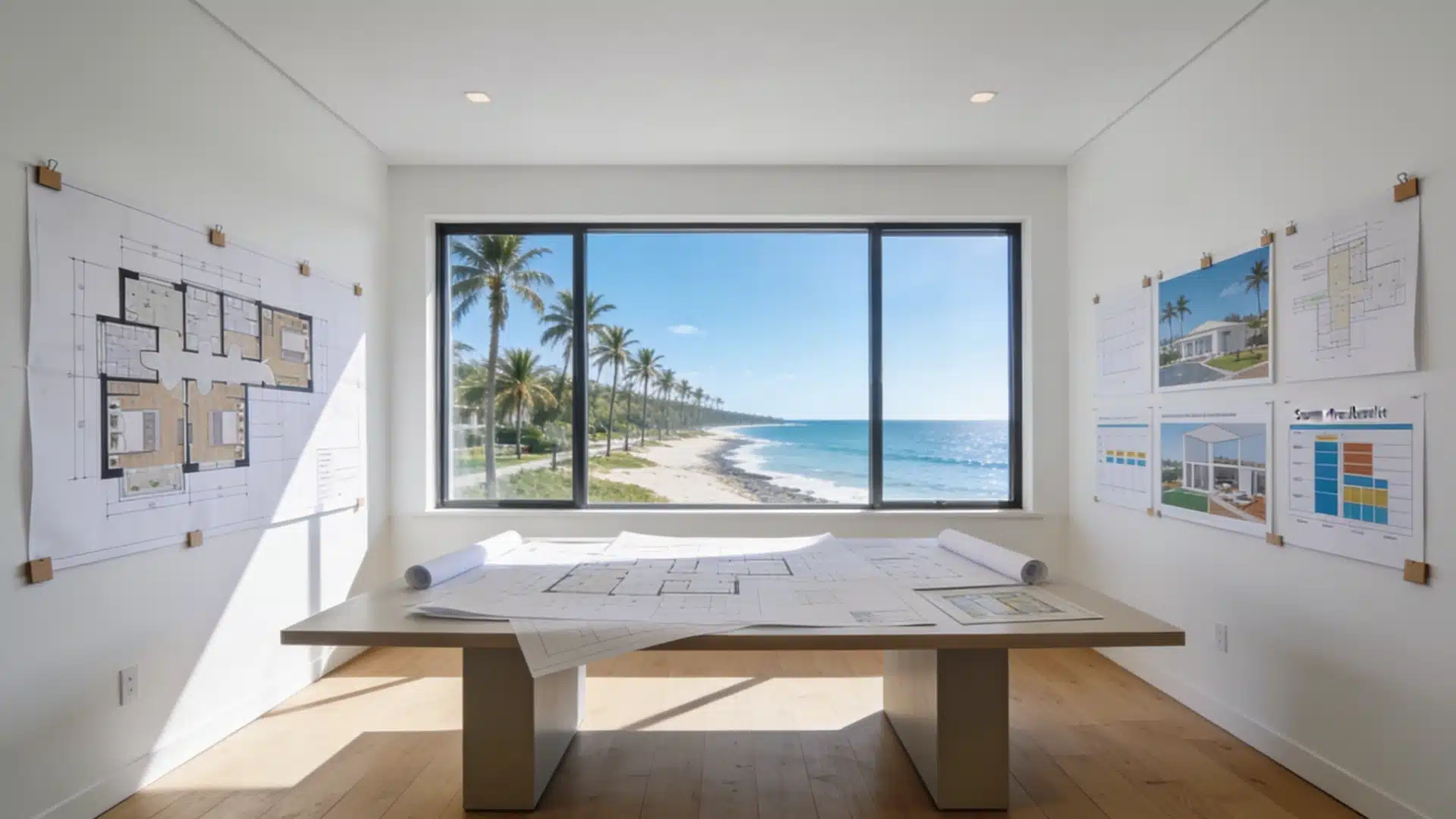 Architectural blueprints and project charts cover the walls and desk in a bright office with a panoramic window overlooking a sunny palm-lined beach and ocean.