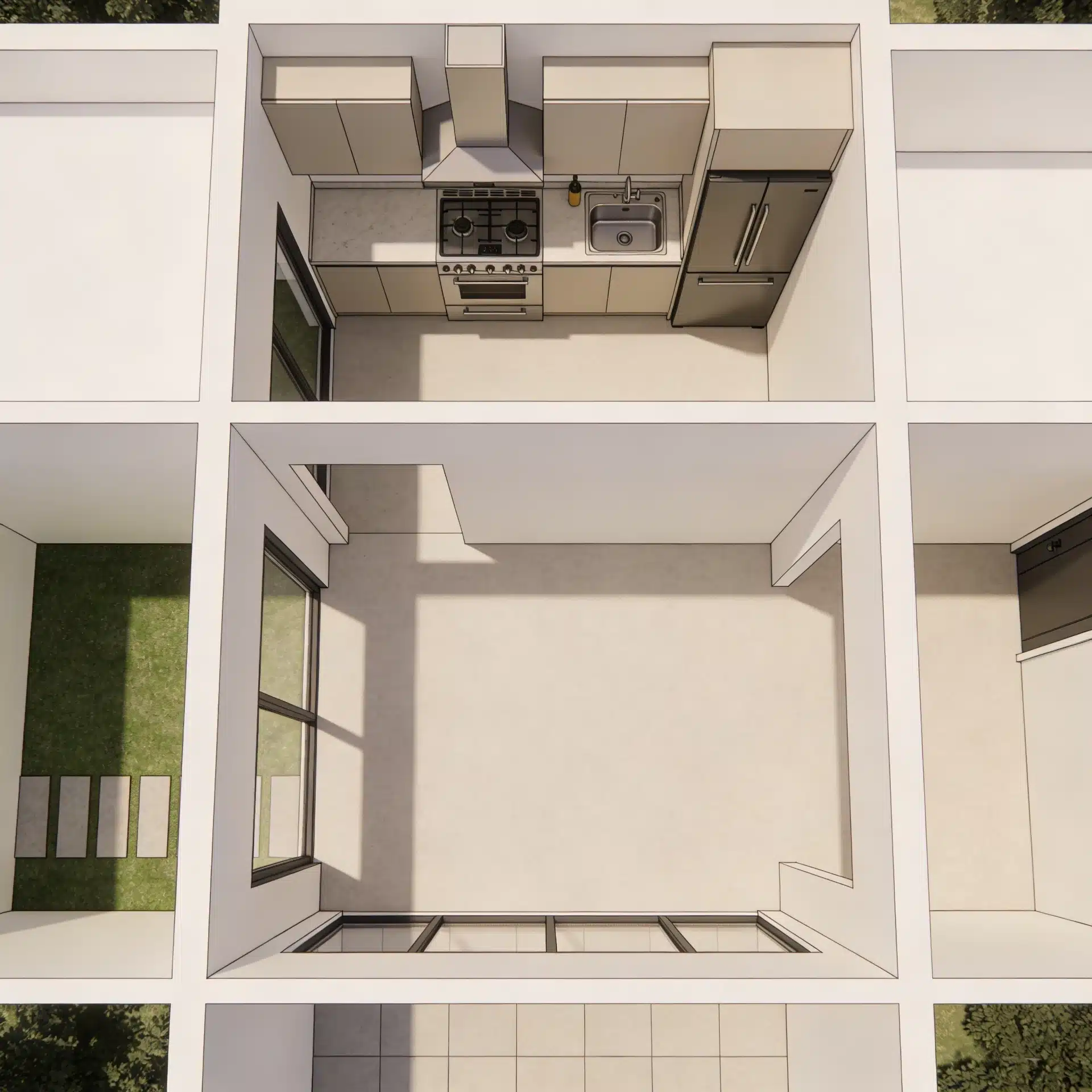 Architectural rendering showing a top-down view of several cutaway rooms, including a modern kitchen, a large empty living area, and a small exterior patio with grass