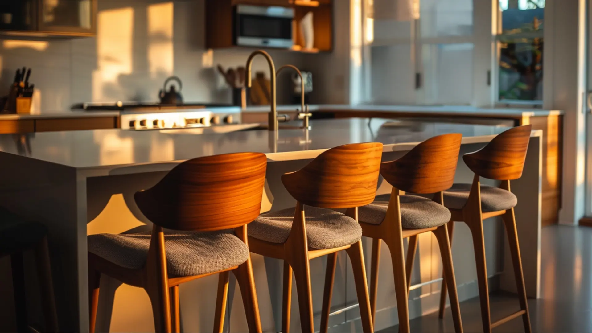 _bar stools sit at a light wood kitchen island in a sunlit room with minimal decor and warm neutral accents