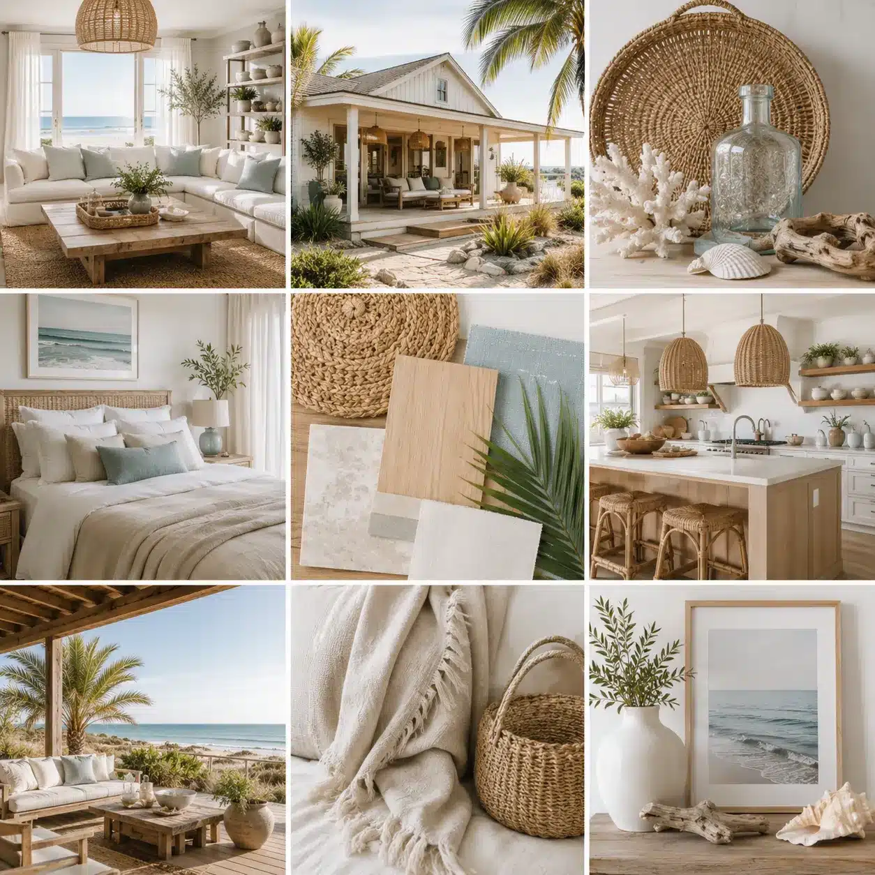 Beach house aesthetic mood board with coastal interiors, woven textures, soft neutral decor, and ocean vibes.