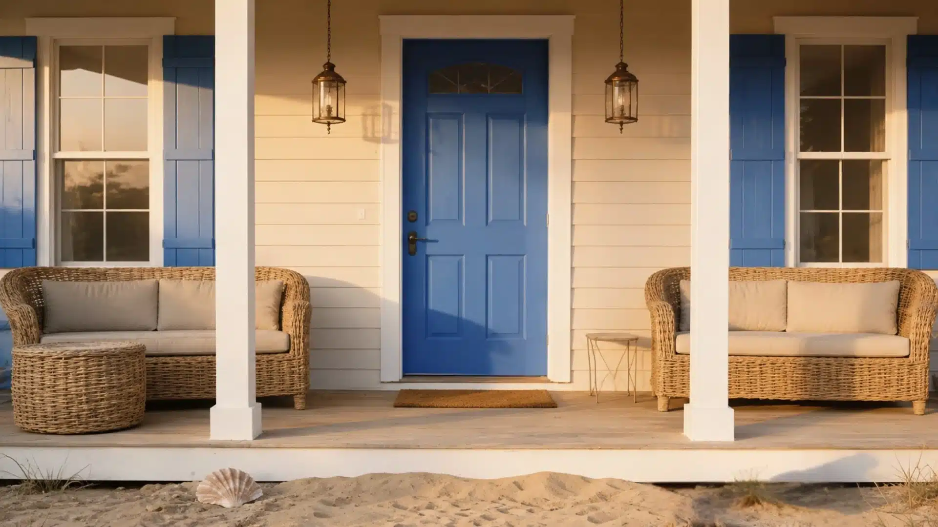 Beach house front porch featuring a bright blue door, wicker seating, hanging lanterns, and a foreground of sand scattered with seashells.