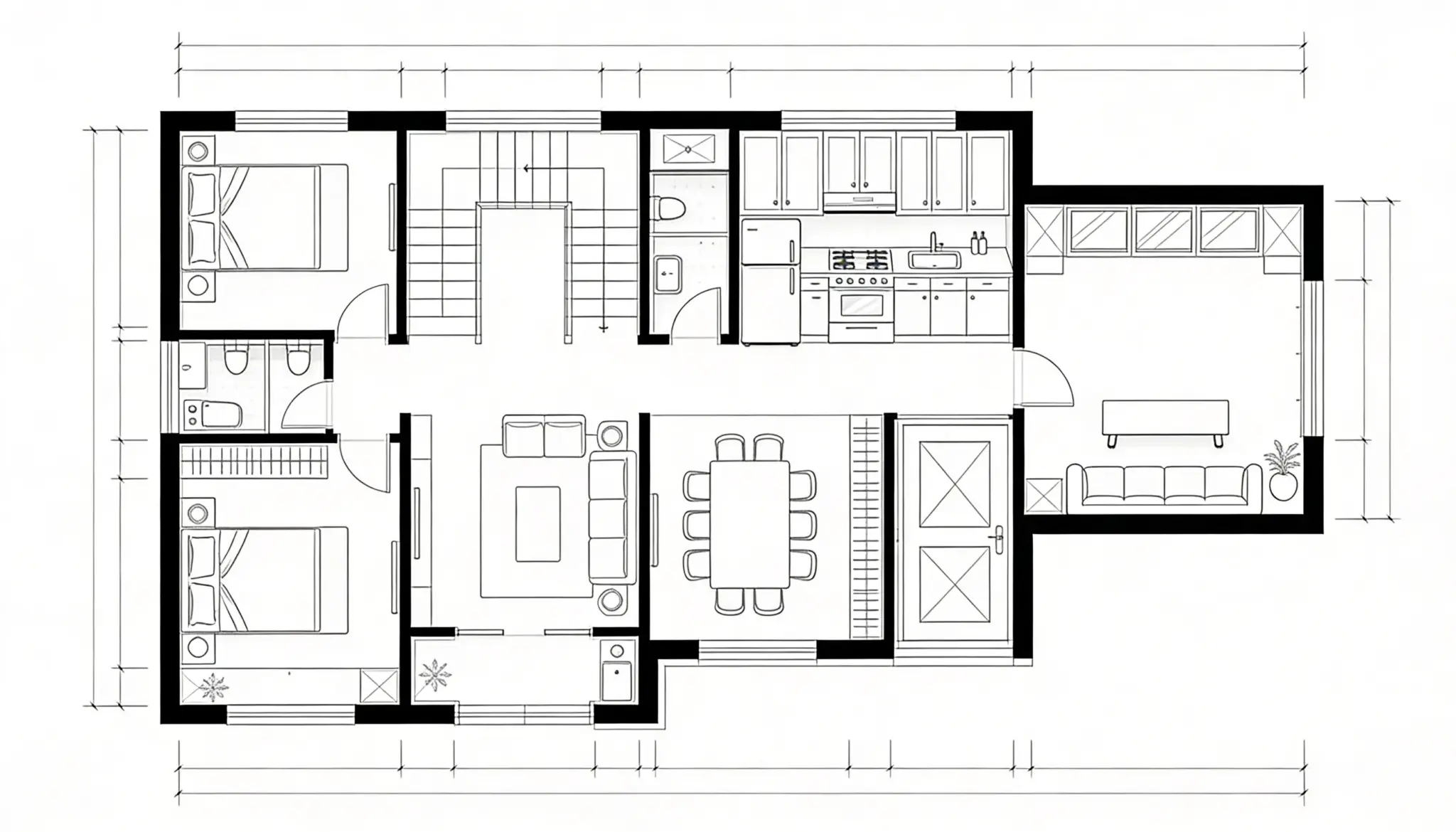Black and white architectural floor plan illustrating a two-story layout featuring bedrooms, bathrooms, a central staircase, kitchen, dining area, living room, and exterior dimensional markings