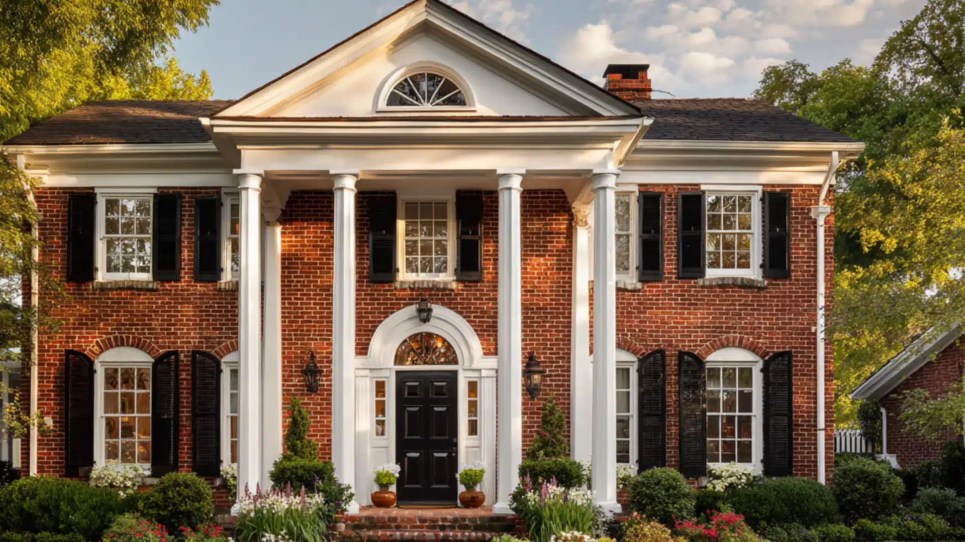 Brick house at dusk featuring black shutters a white portico with columns warm lantern light and a stone garden walkway (1)