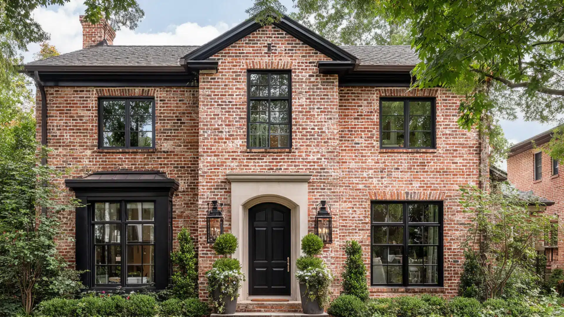 brick house with black shutters white columns on a large front porch with rocking chairs and green shrubs
