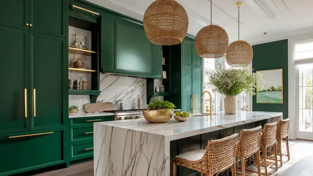 Bright dark green kitchen with marble counters brass handles wood island and striped runner in natural light indoors now