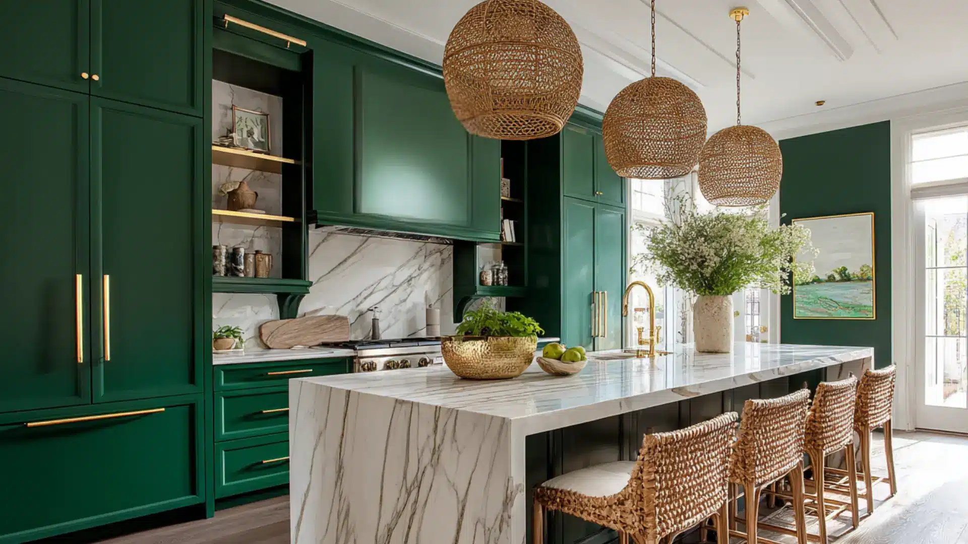 Bright dark green kitchen with marble counters brass handles wood island and striped runner in natural light indoors now
