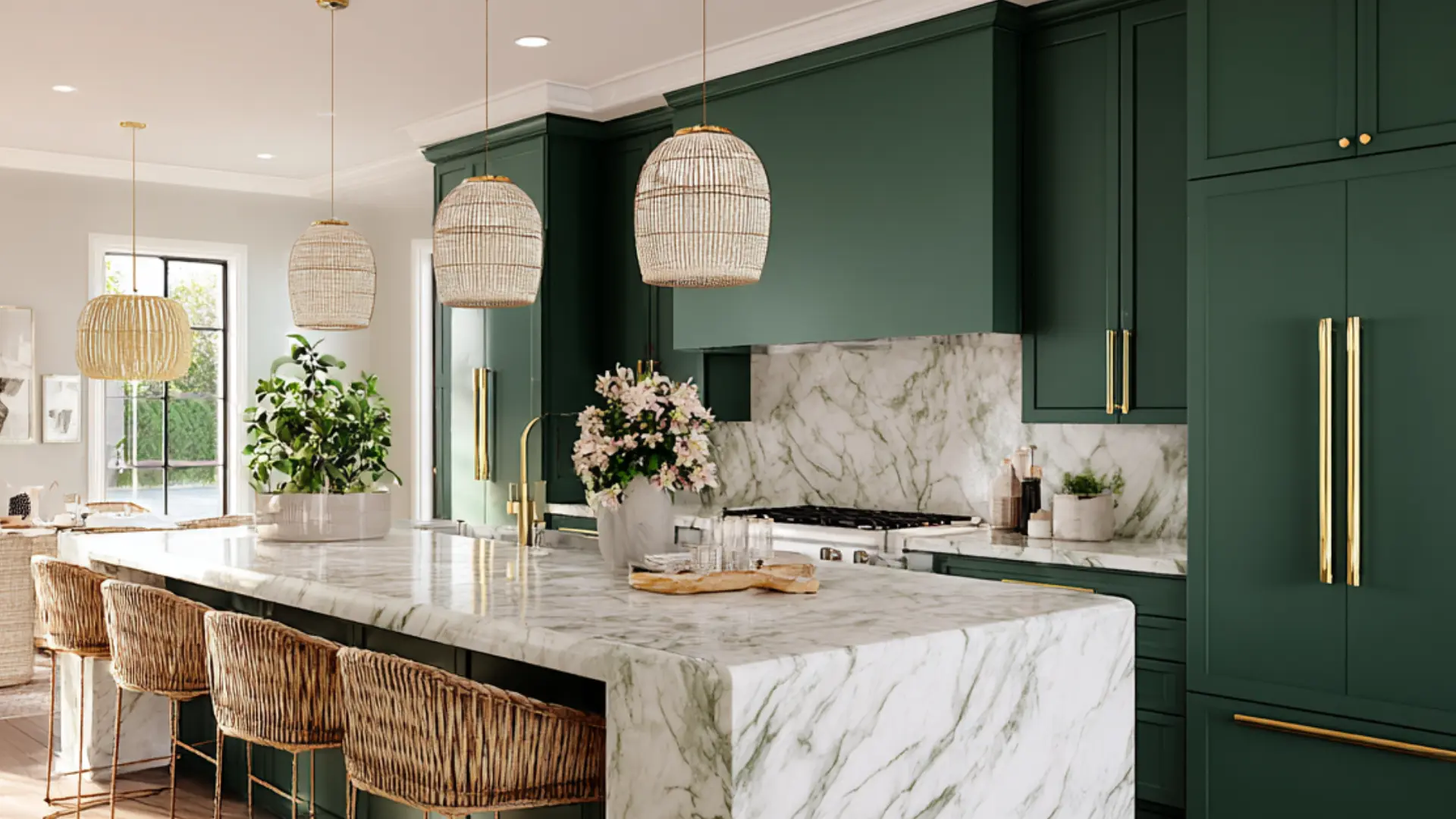bright-dark-green-kitchen-with-marble-counters-brass-handles