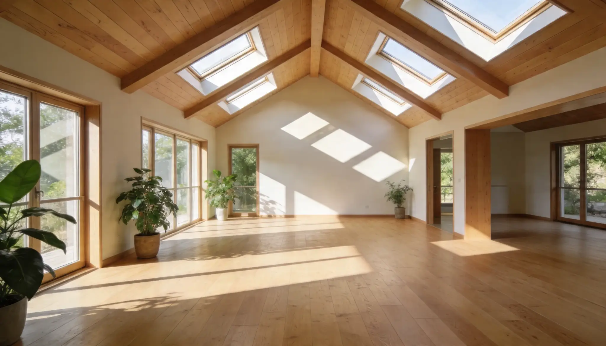 Bright empty room with light wood floor high vaulted ceiling featuring wood planks and exposed beams with multiple skylights and large windows showing greenery outside