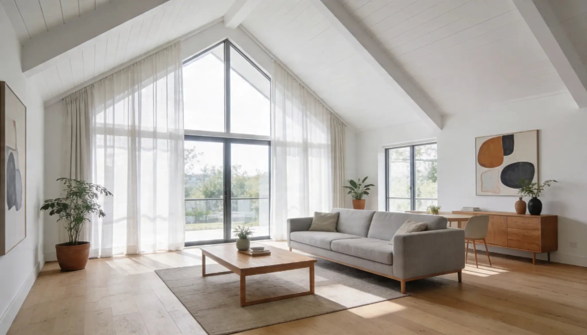 Bright modern living room featuring a vaulted white ceiling light wood floor a grey sofa and large windows covered with sheer white curtains
