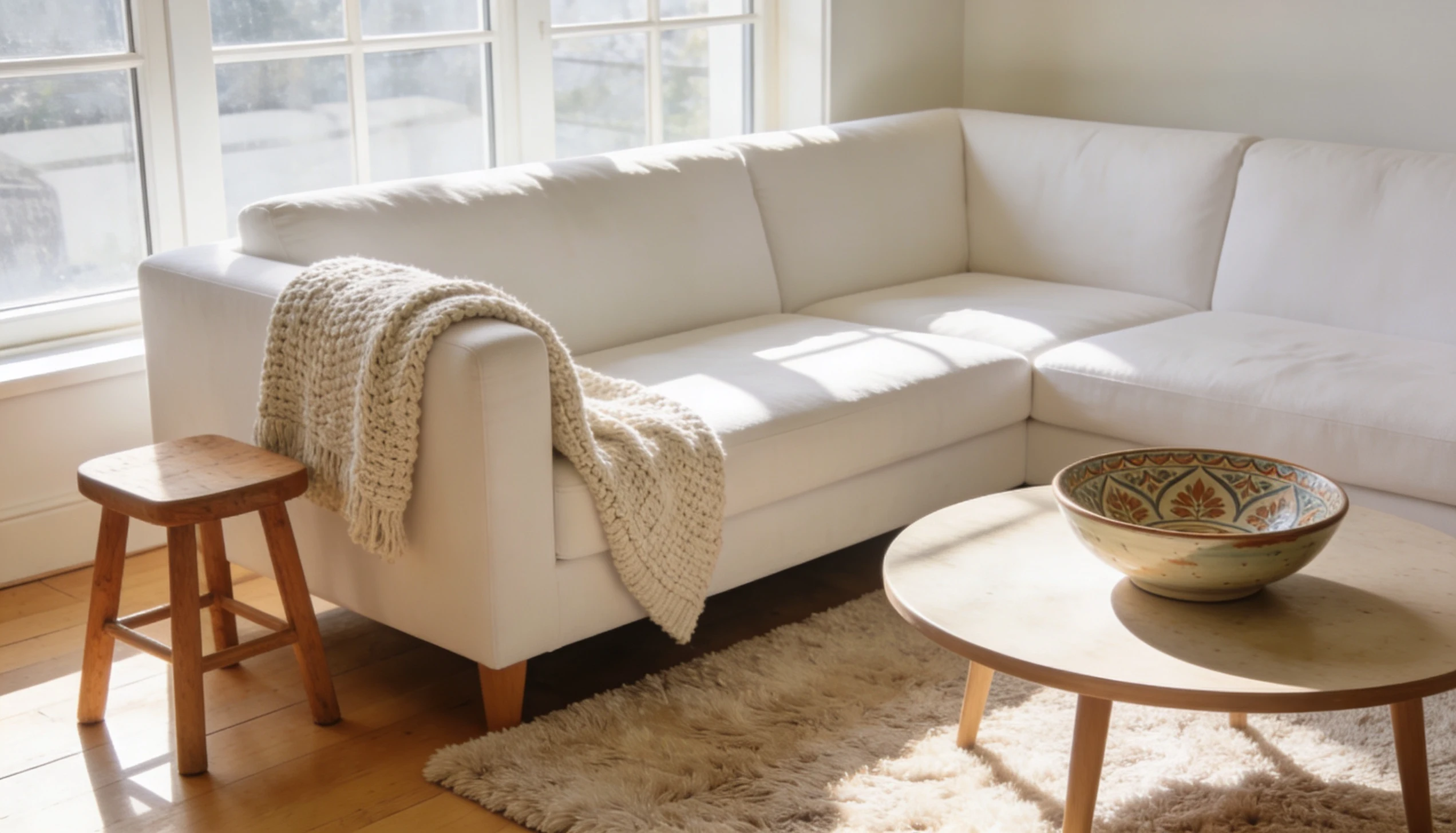 Bright, sunlit living room corner featuring a white sectional sofa, a knit throw, a wooden stool, a round coffee table with a decorative patterned bowl, and a shaggy rug
