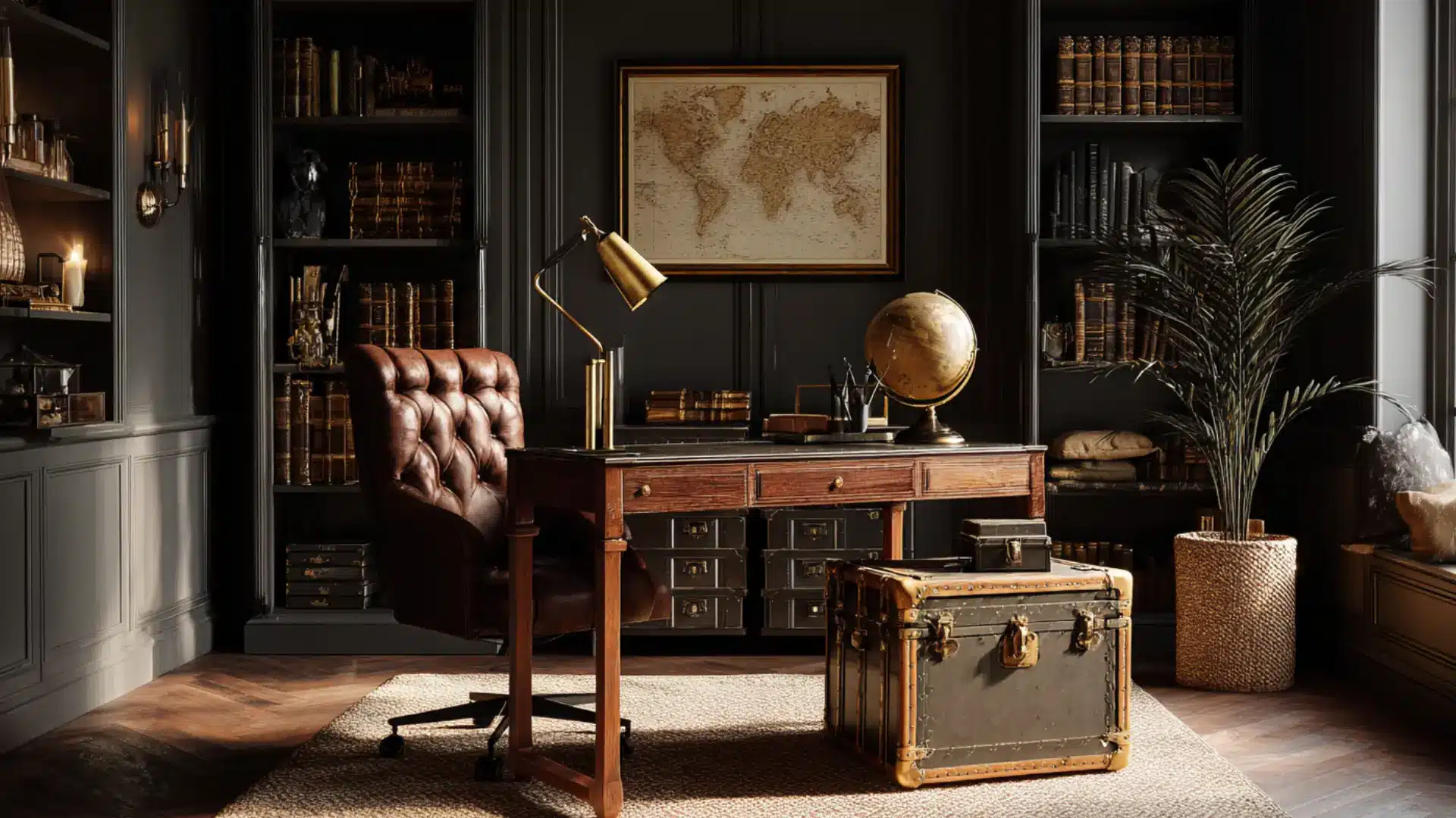 Classic home office with dark walls wood desk leather chair vintage world map gold globe and a large trunk on a tan rug