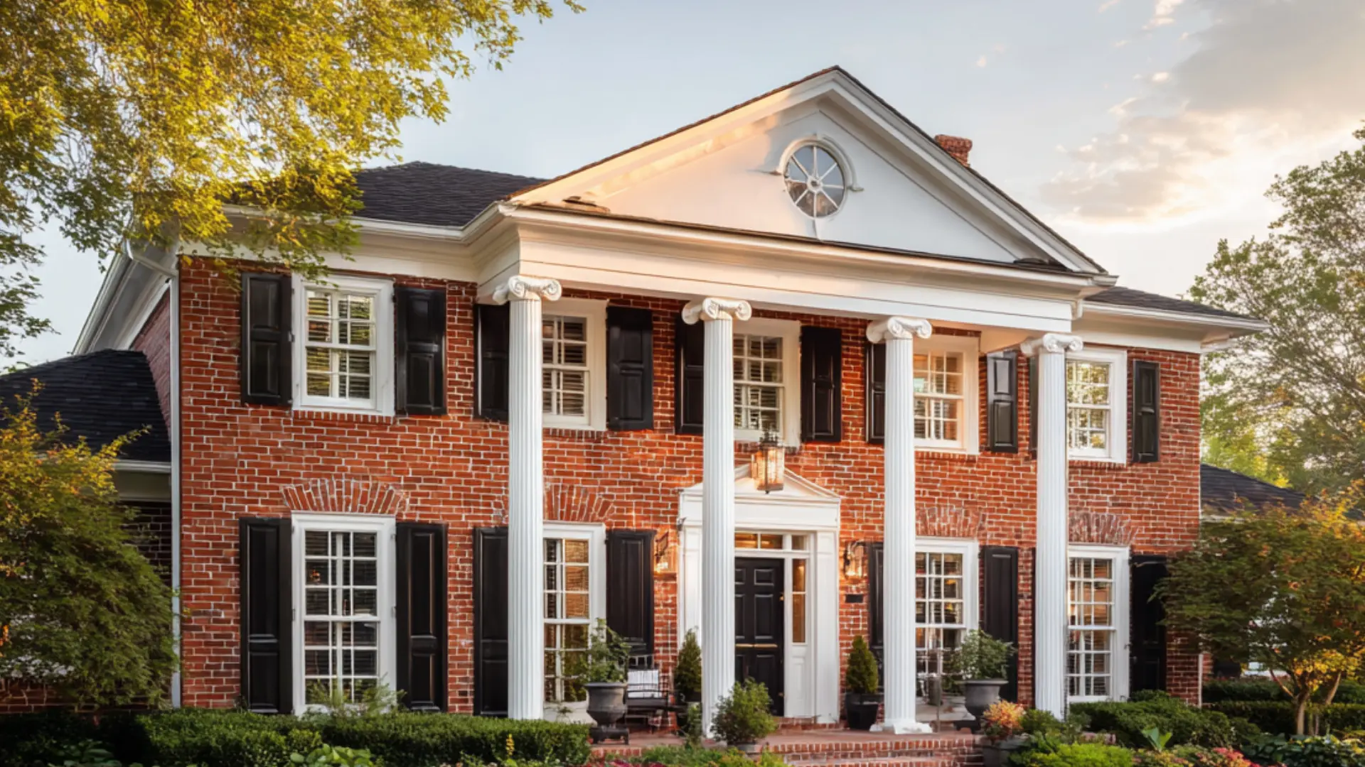 Classic red brick colonial house with white window frames a black front door and a brick garden walkway