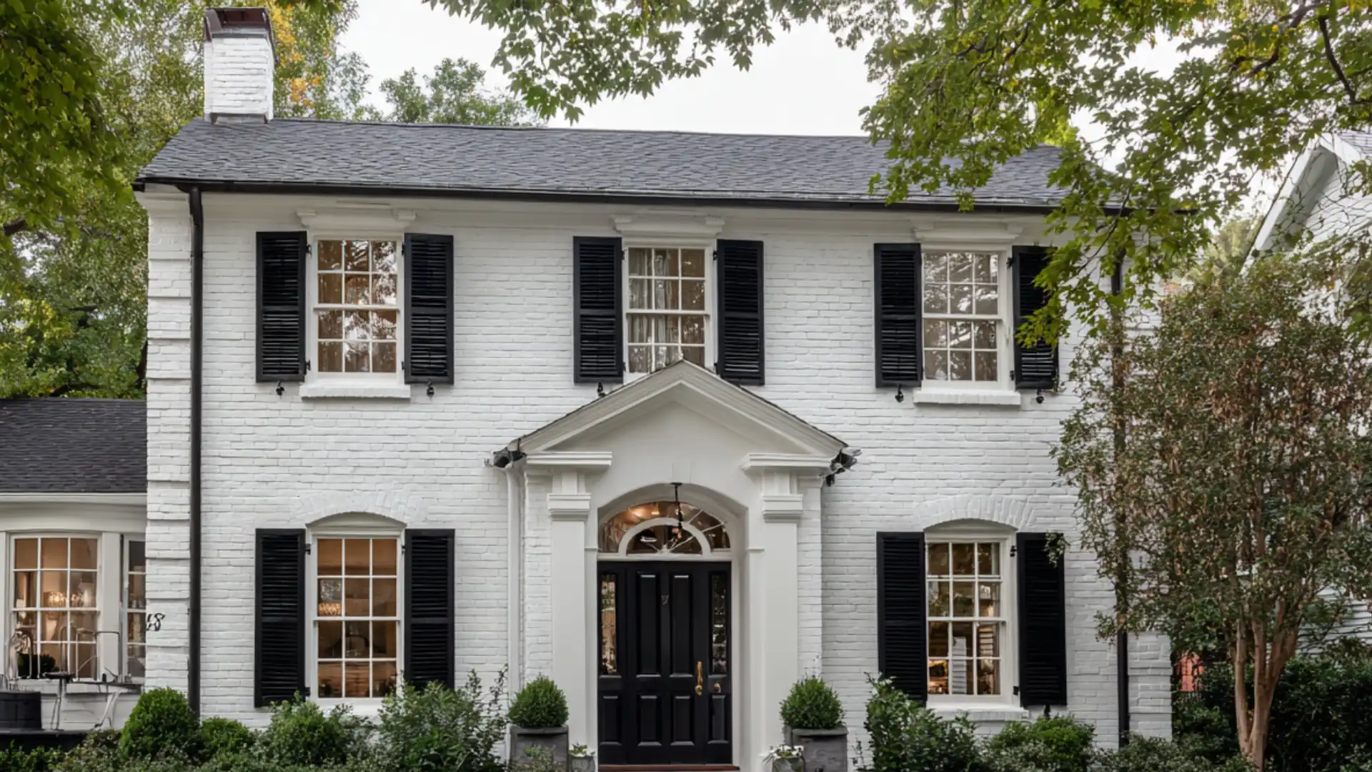 Classic two-story white painted brick home with a black roof, black shutters, and a prominent black front door framed by white architectural molding