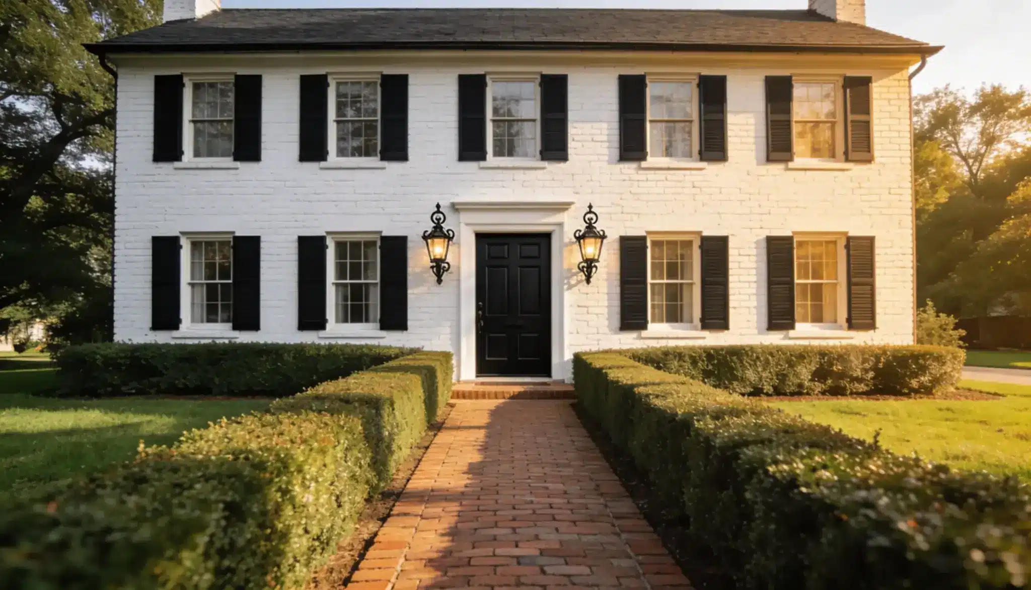 Classic white brick colonial house facade with black shutters, a black door, and a sunlit brick walkway flanked by manicured hedges