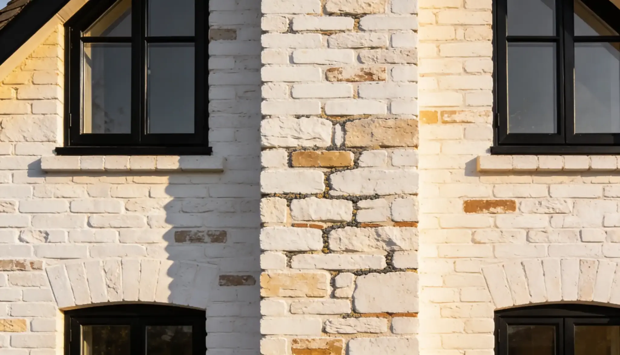 Close-up of whitewashed brick exterior wall featuring a central section of rough-cut stone detail between two black-framed windows, one upper and one arched lower