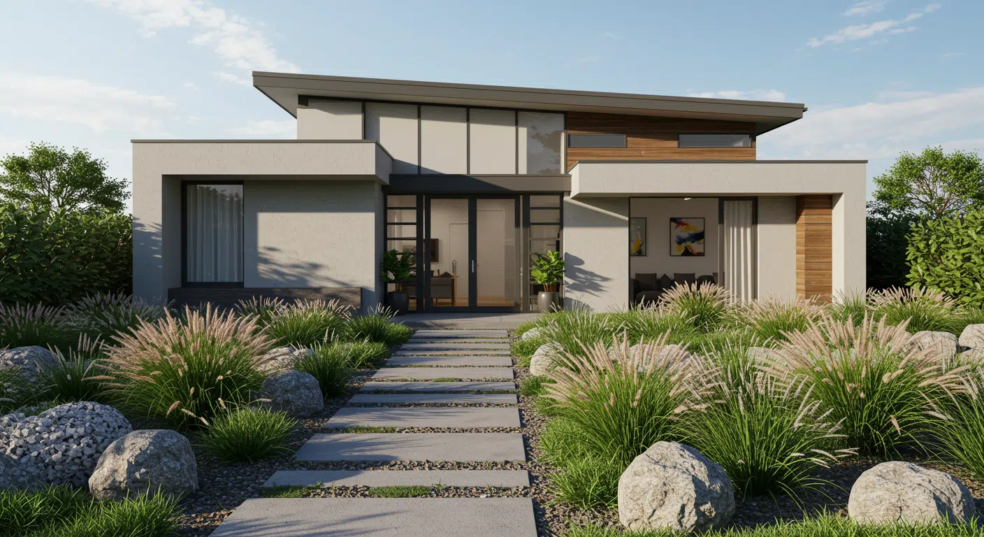 Modern home exterior with clean lines, stone pathway, landscaped grasses, and wood accents creating a fresh minimalist look
