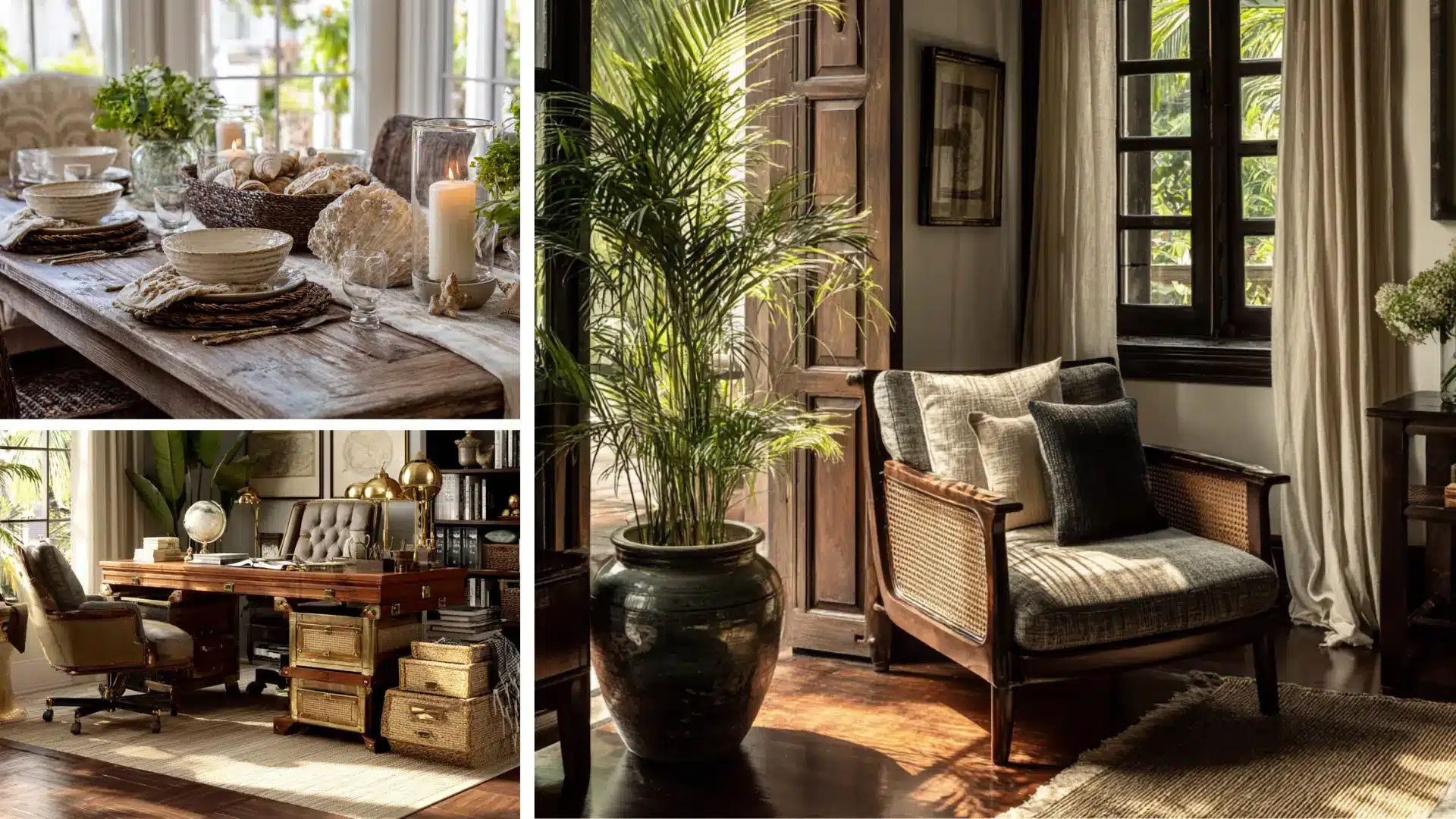 Collage of tropical interiors with a wood dining table wicker armchair and a classic home office filled with lush plants