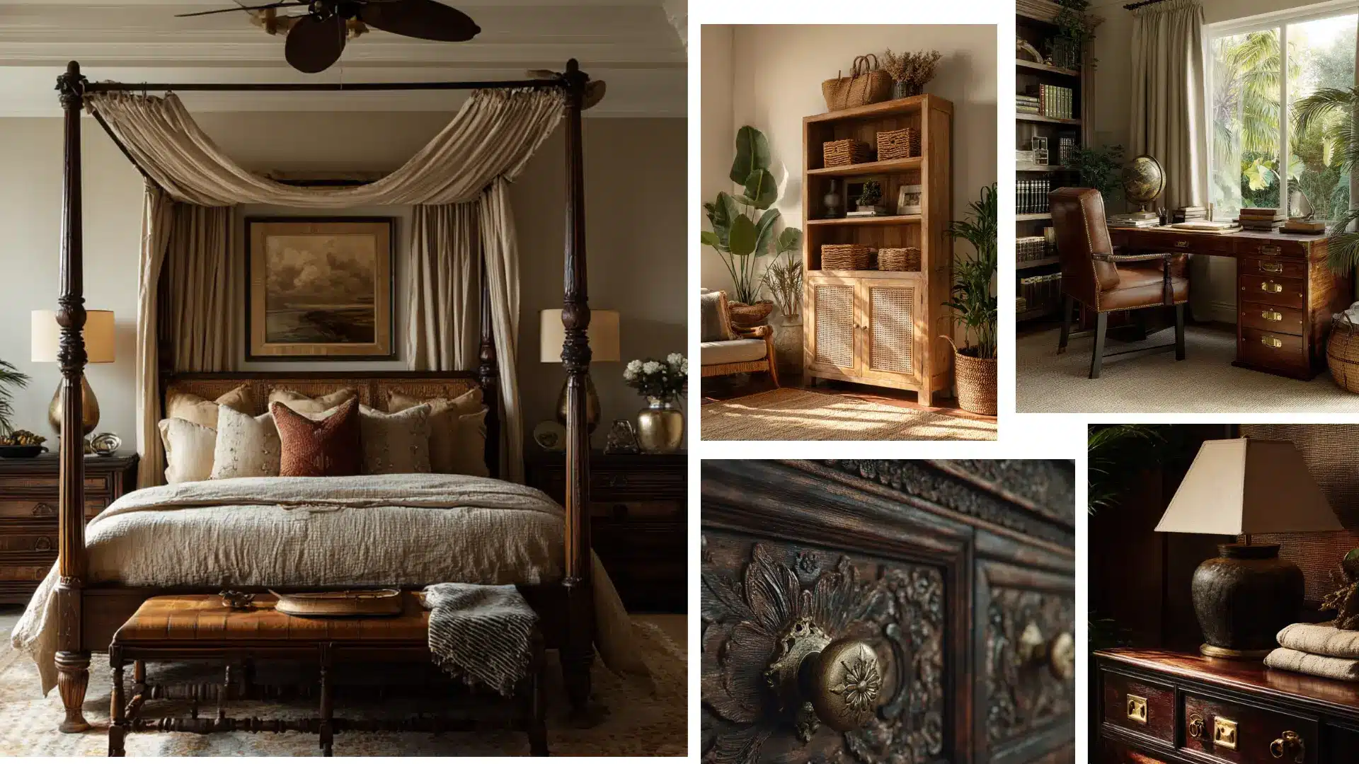 Colonial bedroom collage with four poster bed light wood shelf leather chair desk and close up of ornate furniture brass