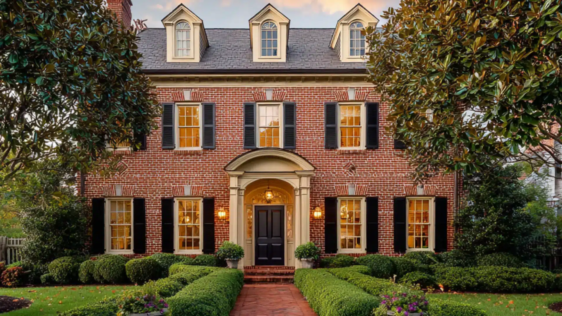 colonial red brick house with shutters white columns on a large front porch with rocking chairs and green shrubs
